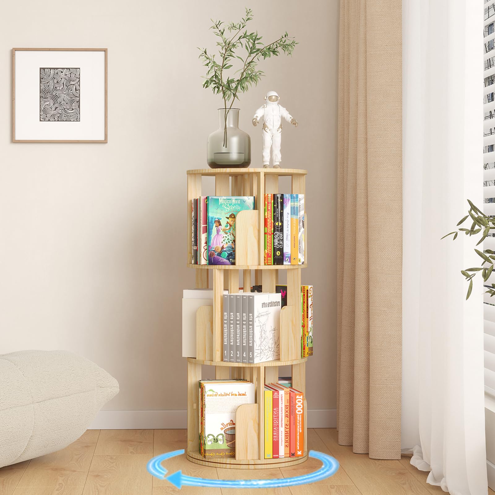 Wooden Rotating Bookshelf 360 Display Floor Standing Bookcase