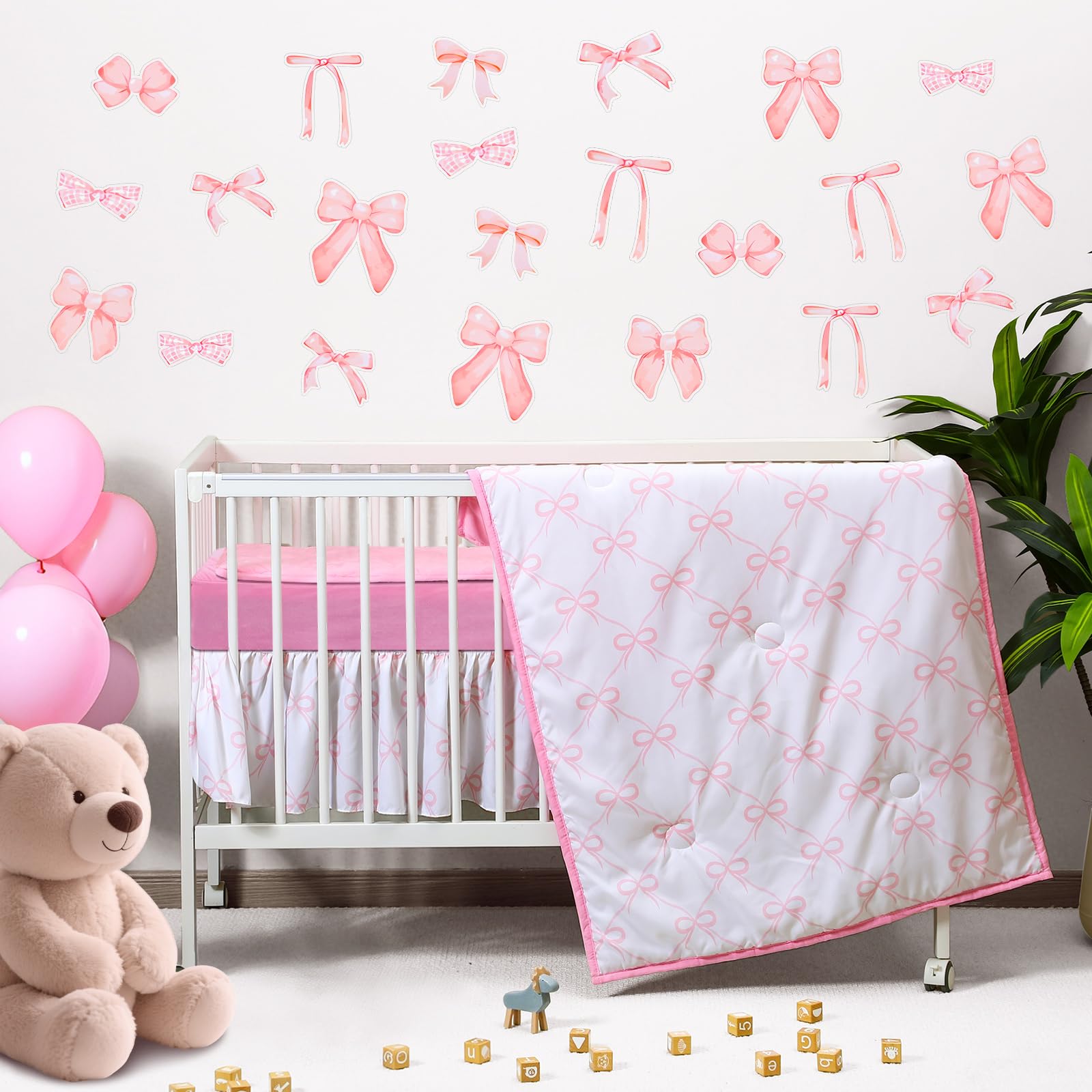 SmoothNovelty 5 Pcs Pink Bow Theme Crib Bedding Set Include Bow Knot Print Crib Sheets Bed Skirt Comforter Pad Cover Wall Stickers for Girls Princess Nursery Room Decoration