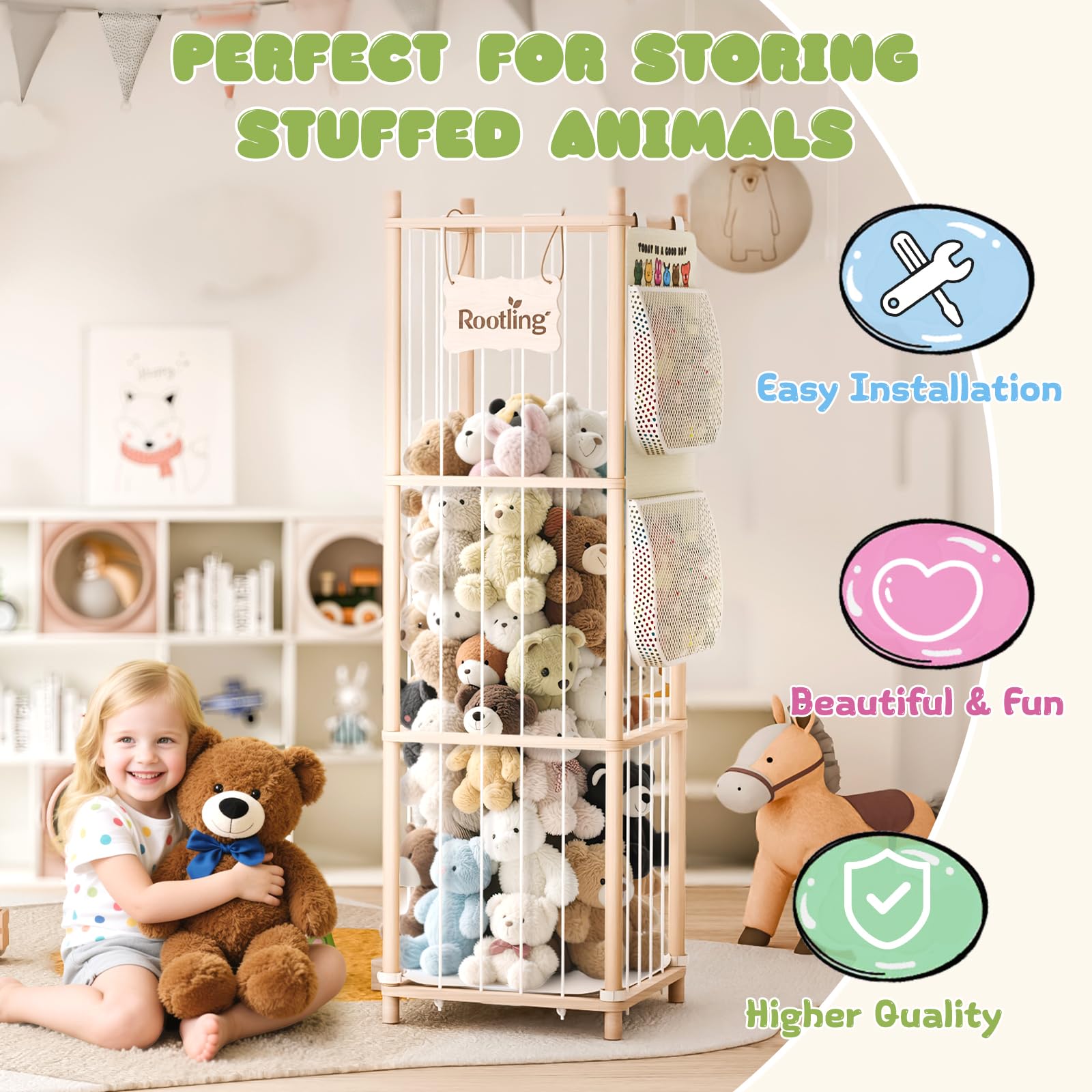 Wooden Stuffed Animal Storage Organizer with Building Block Bag