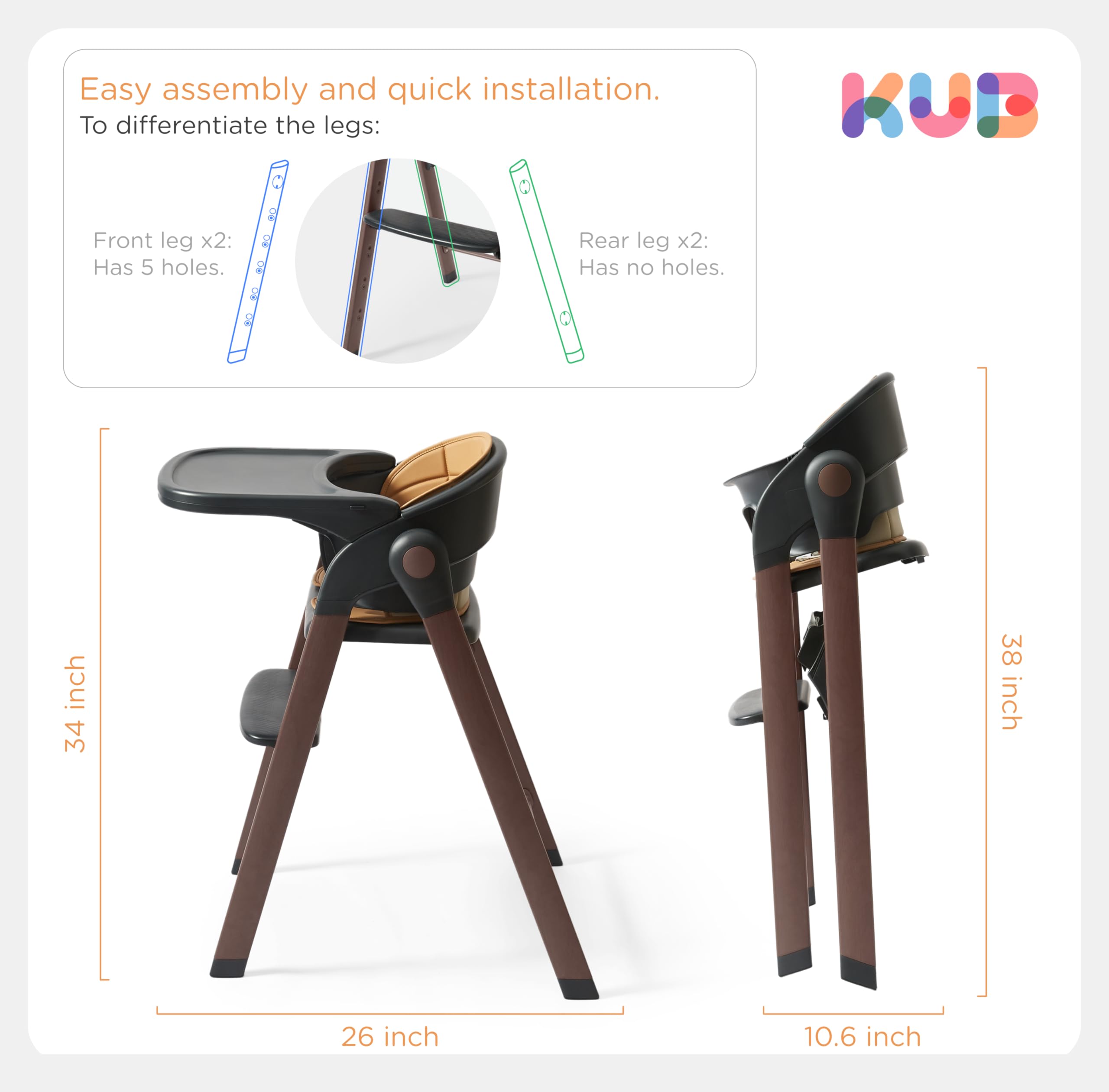 Adjustable Foldable High Chair with Wood-Printed Metal Frame and Removable Tray