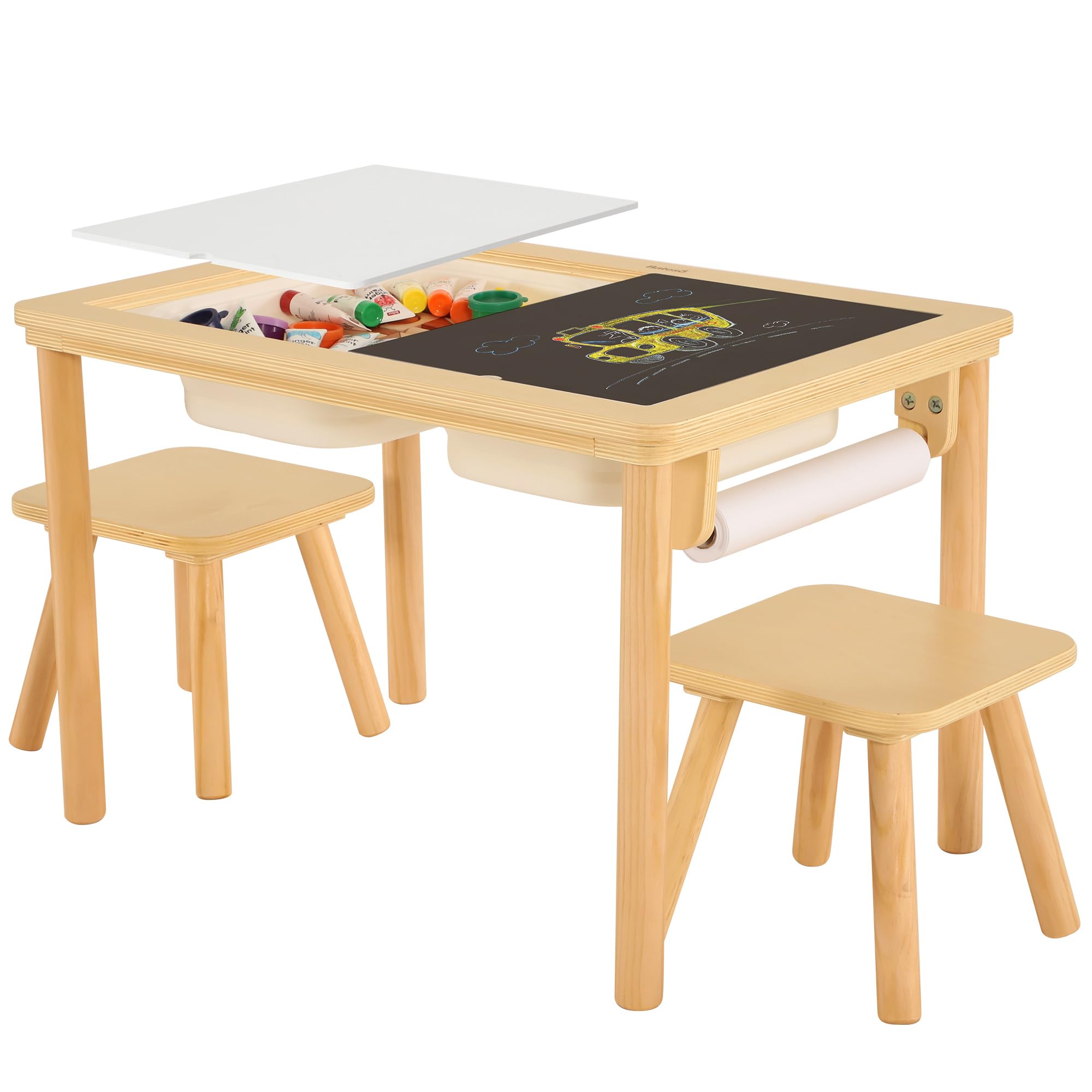 Table for Toddlers 1-3 with 2 Chairs & Roll Paper, Wooden Kid Activity