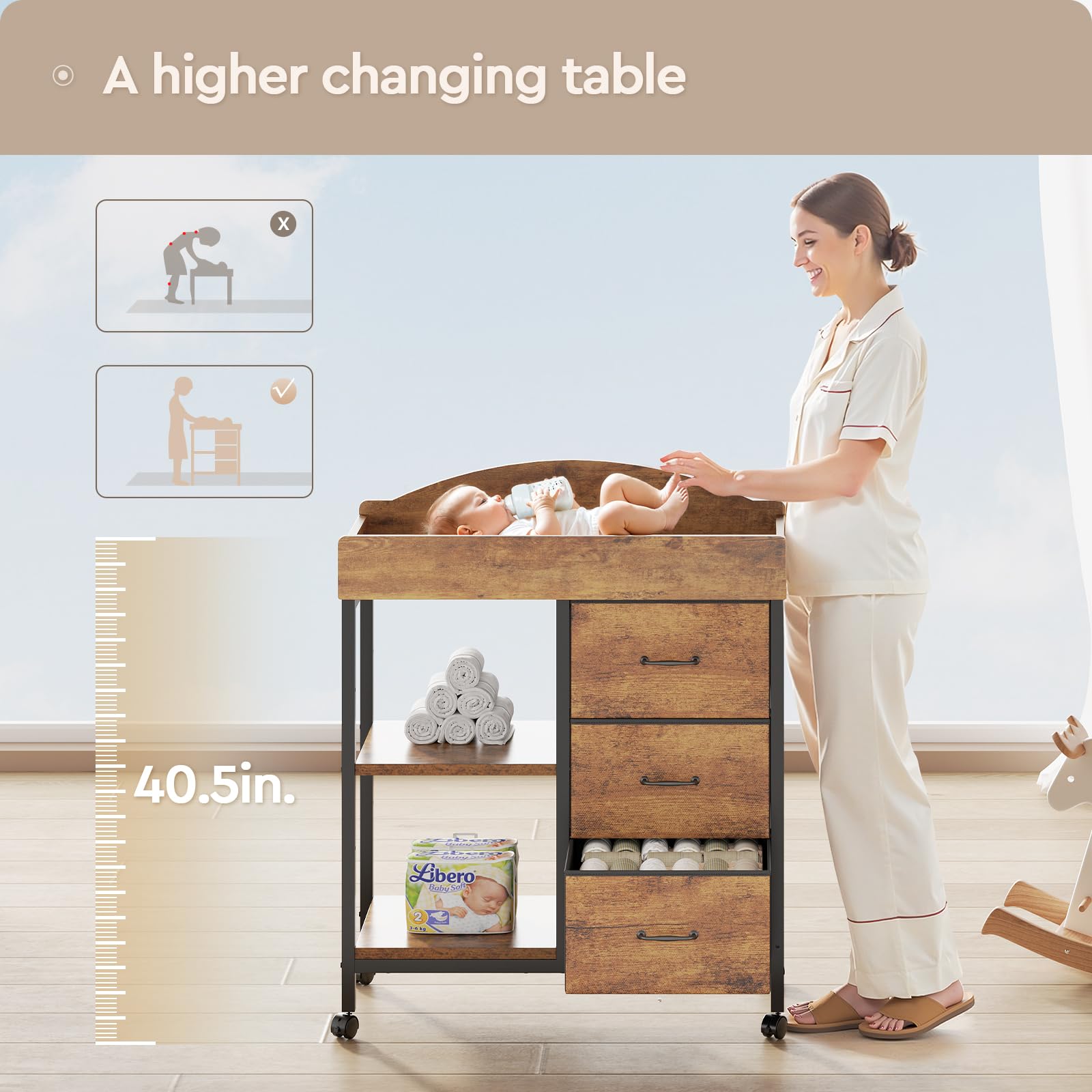 Baby Changing Table Dresser with Drawers and Shelves