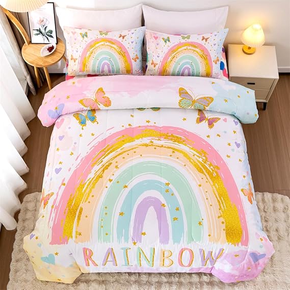 Rainbow Comforter Set with Sheets,5 Pieces Floral Bed in a Bag Twin