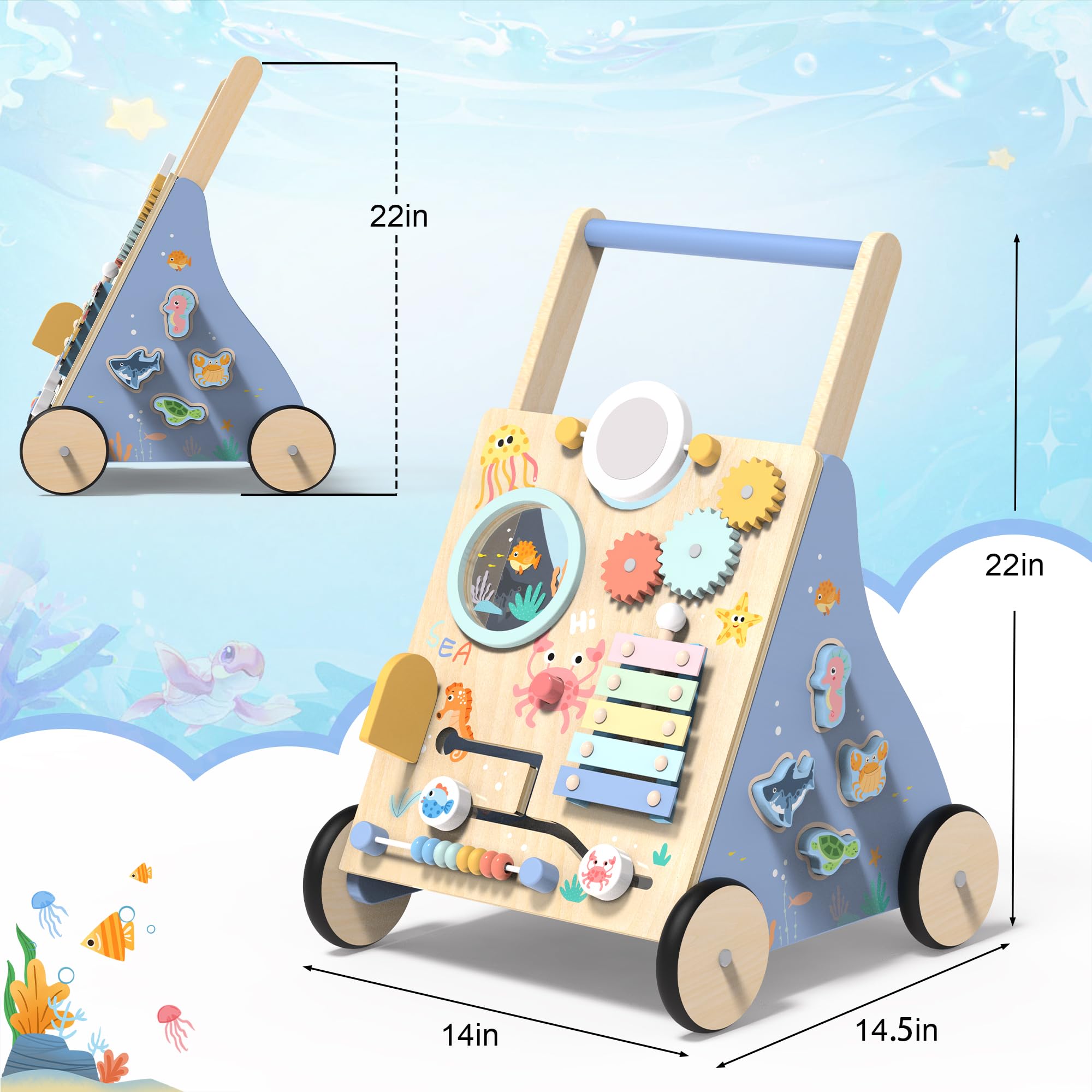 Ocean-Themed Wooden Baby Walker with Activity Center