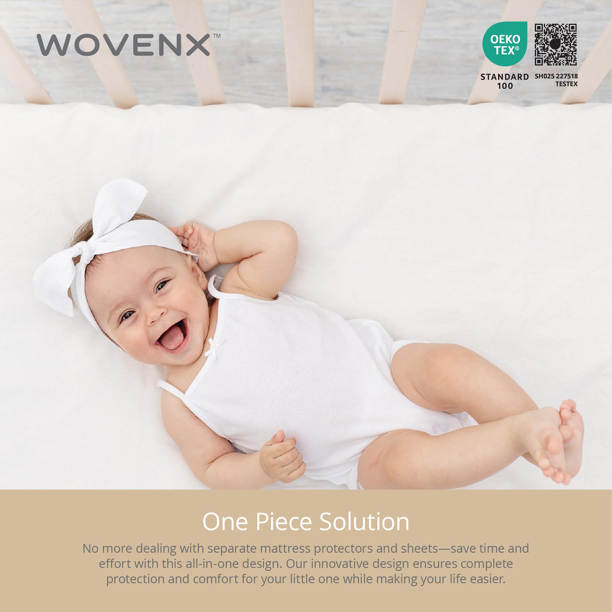 Wovenx Organic All in One Crib Sheet and Mattress Protector - Waterproof Protectors - Reusable Washable – Fits Cribs – 52”x28”- with 9” Skirt White