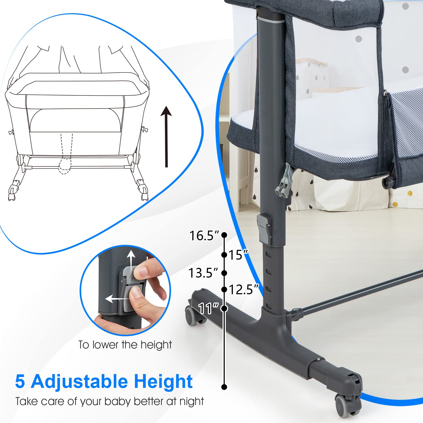 3-in-1 Baby Bassinet Bedside Sleeper with Wheels