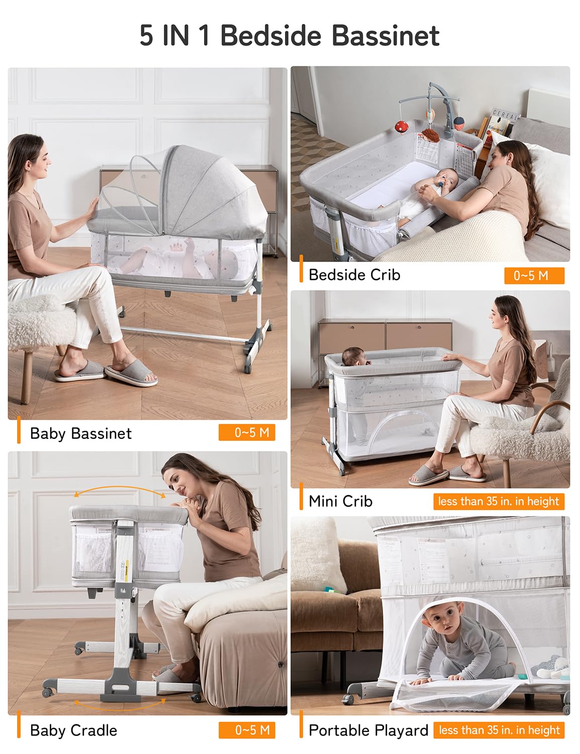 5-in-1 Baby Bassinet Bedside Sleeper with Adjustable Height