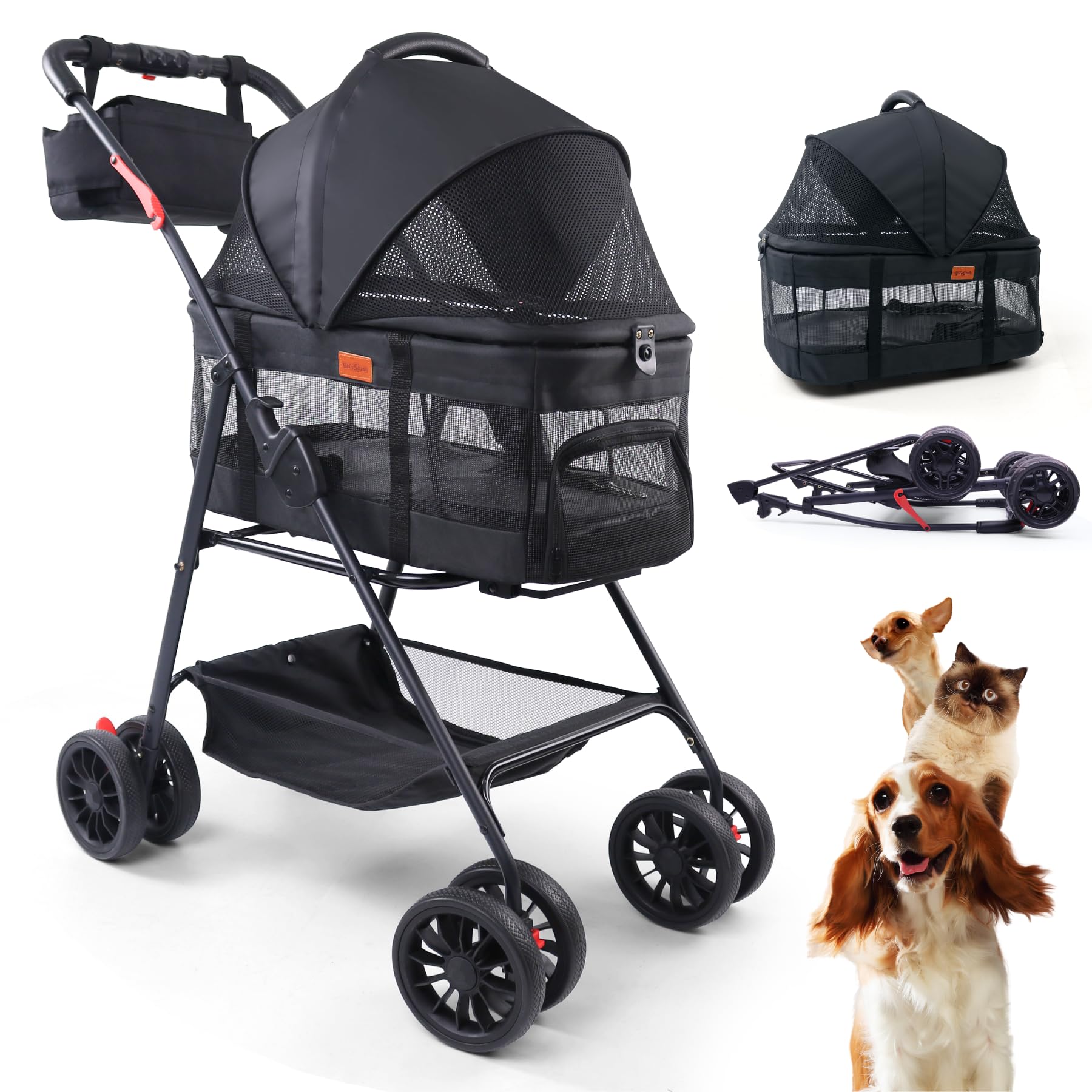 Pet Stroller for Small Dogs Cats with Wheels, Detachable Carrier, Max Load 33 lbs