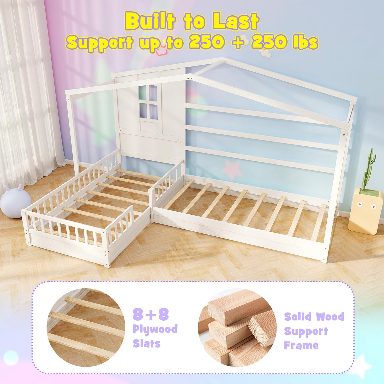 MAT EXPERT L Shaped Twin Beds for 2 Kids, Wooden House Platform Bed w/Window & Roof, Fence & Slats, Corner Montessori Bed Frame for Boys Girls Teens, Dorm Bedroom, No Box Spring Needed (White)