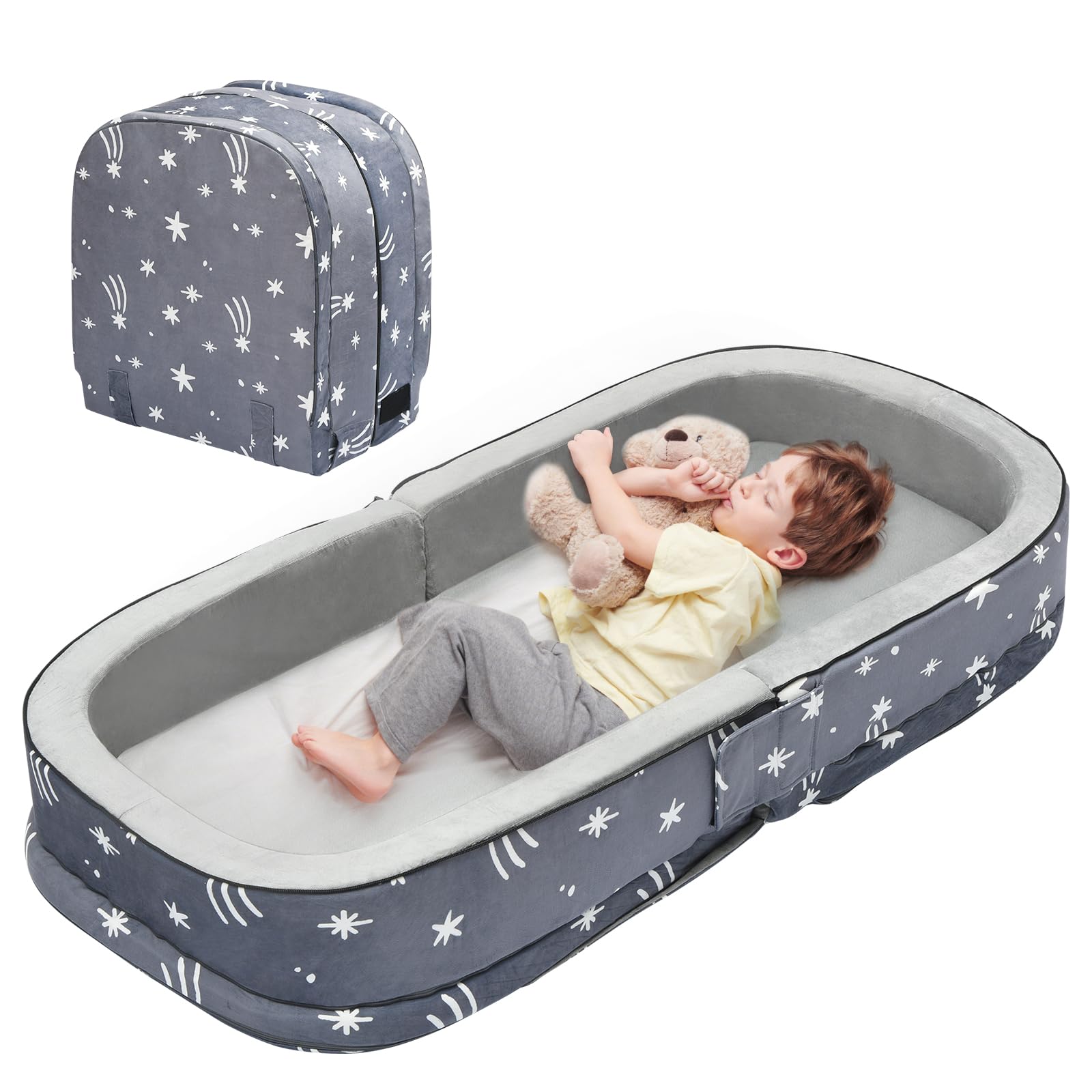 Portable Toddler Travel Bed, Foldable Kids Floor Bed for Home/Travel with Foam Mattres
