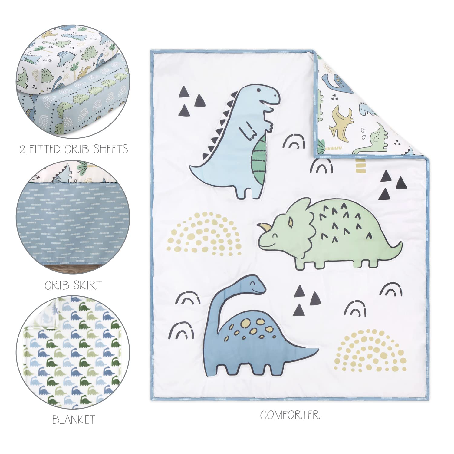 Blue Dino Nursery Crib Bedding Set 5 Piece