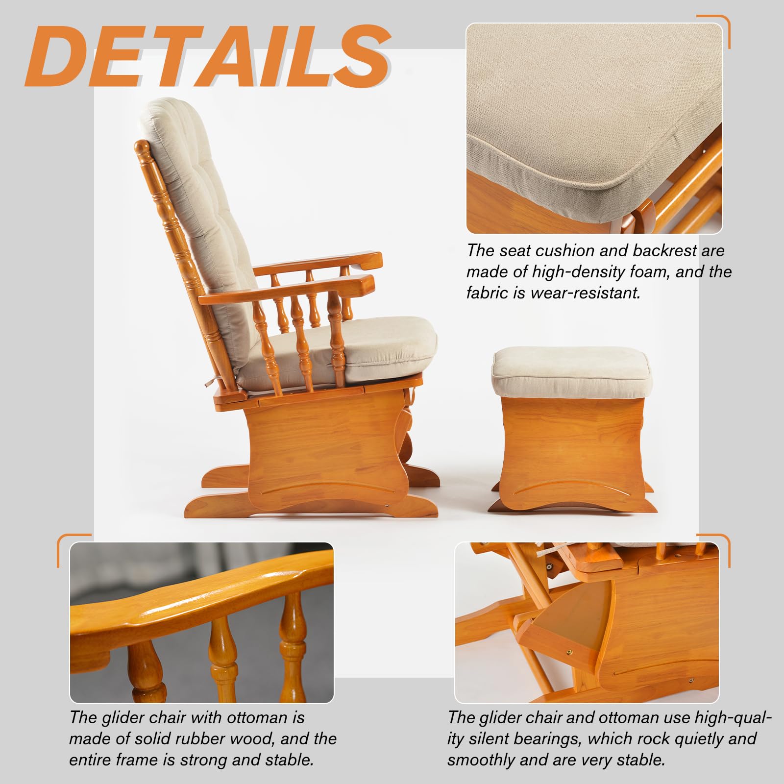 Solid Wood Glider Rocking Chair with Ottoman and Padded Cushion