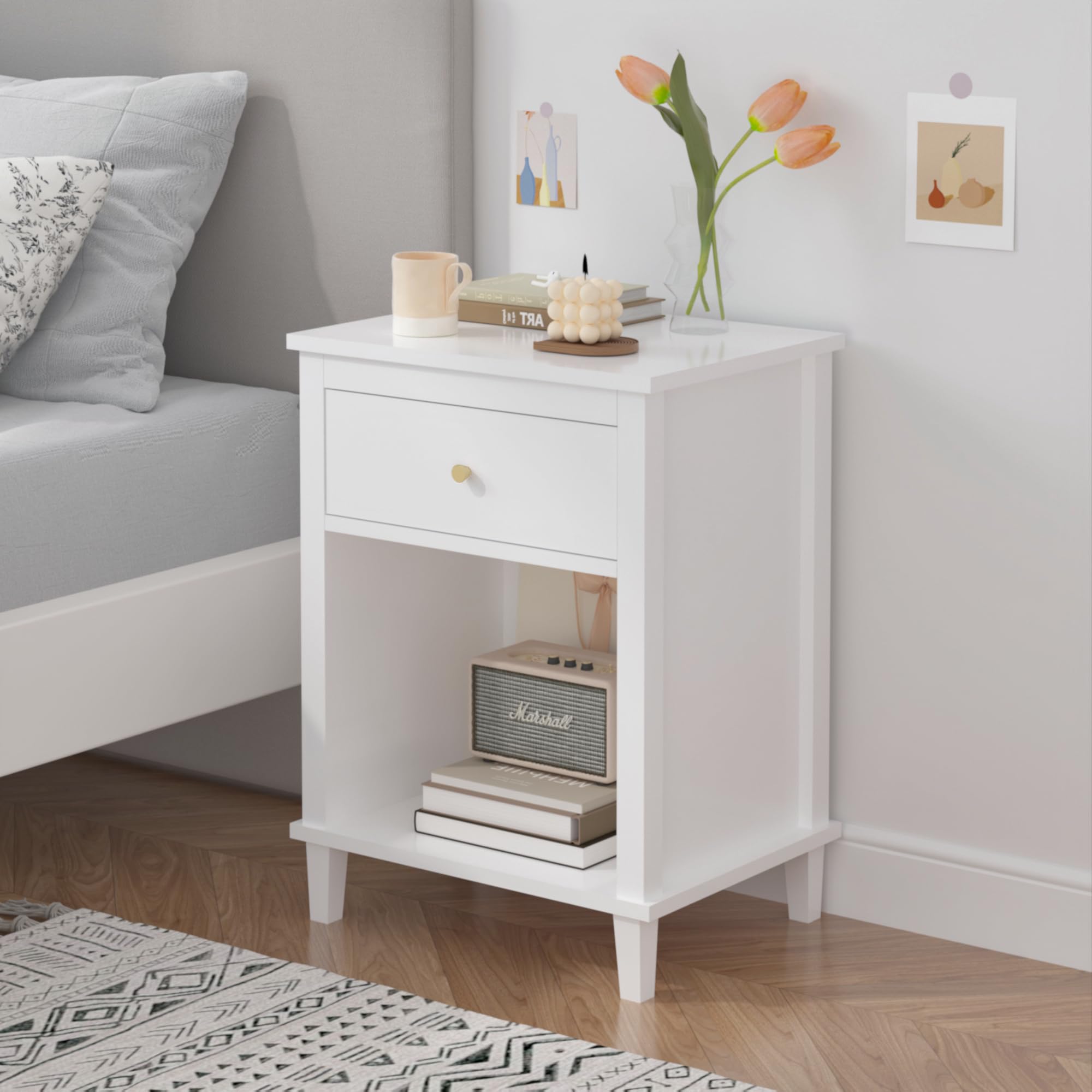 Kids Nightstand with Drawer and Storage Shelf