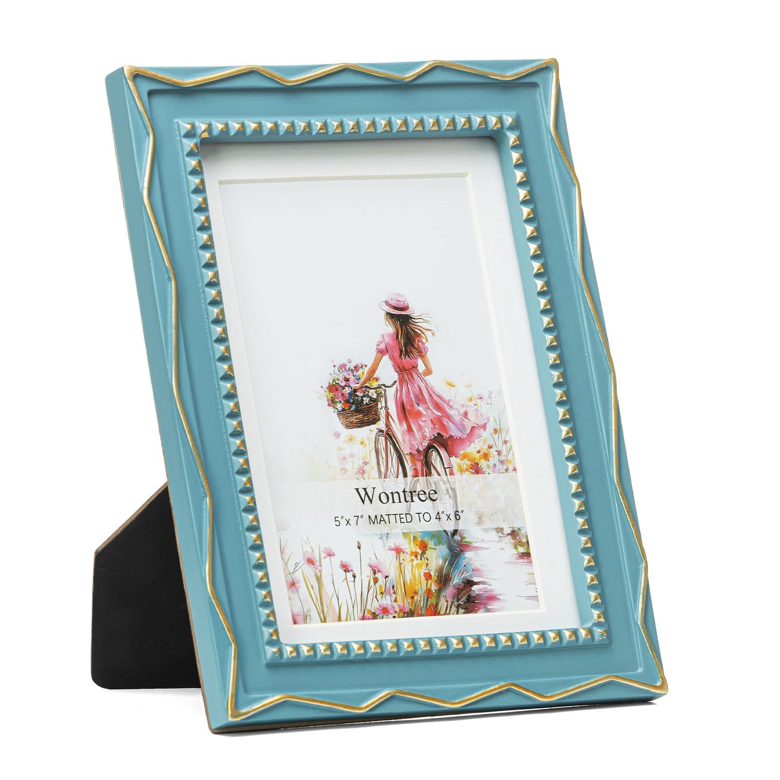 5x7 Picture Frame, Gold Beads & Swirls Against Muted Blue