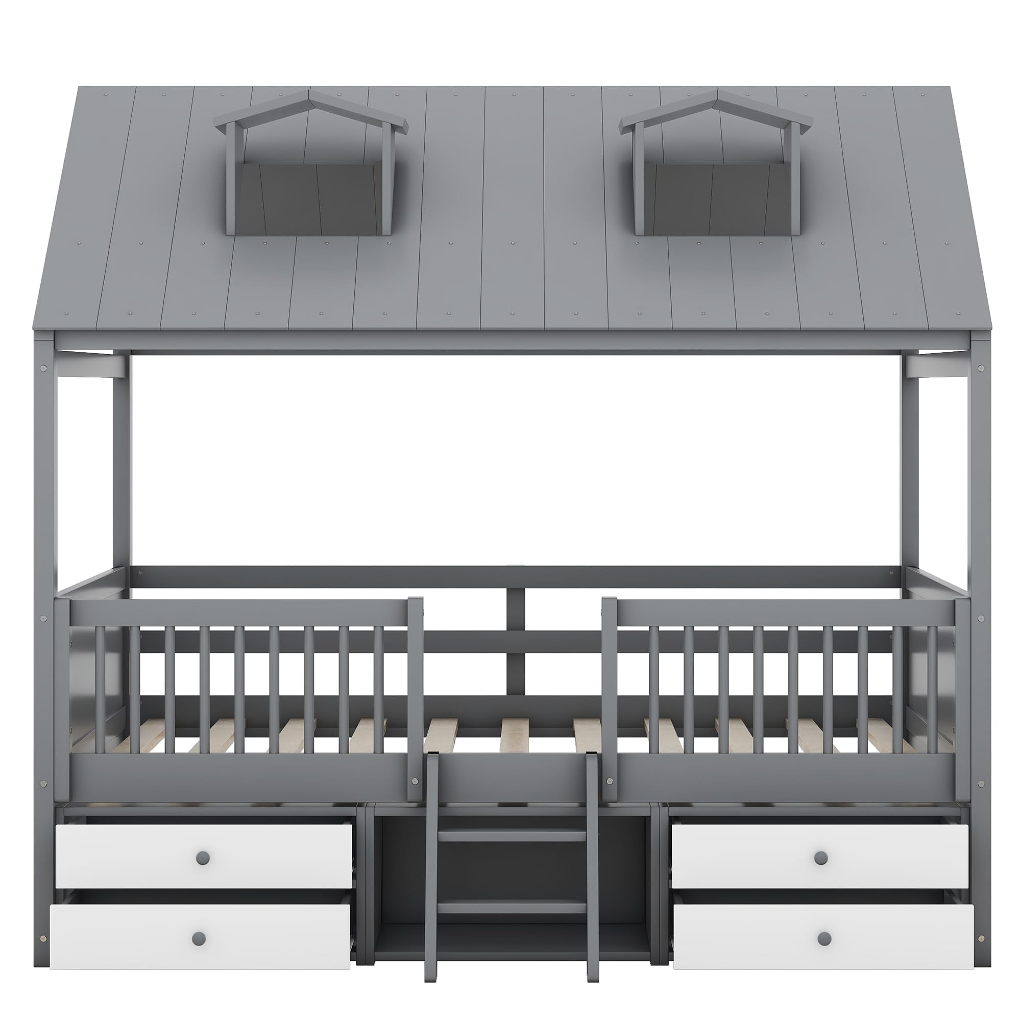 Full Size Wood House Bed Frame with Storage Drawers and Ladder