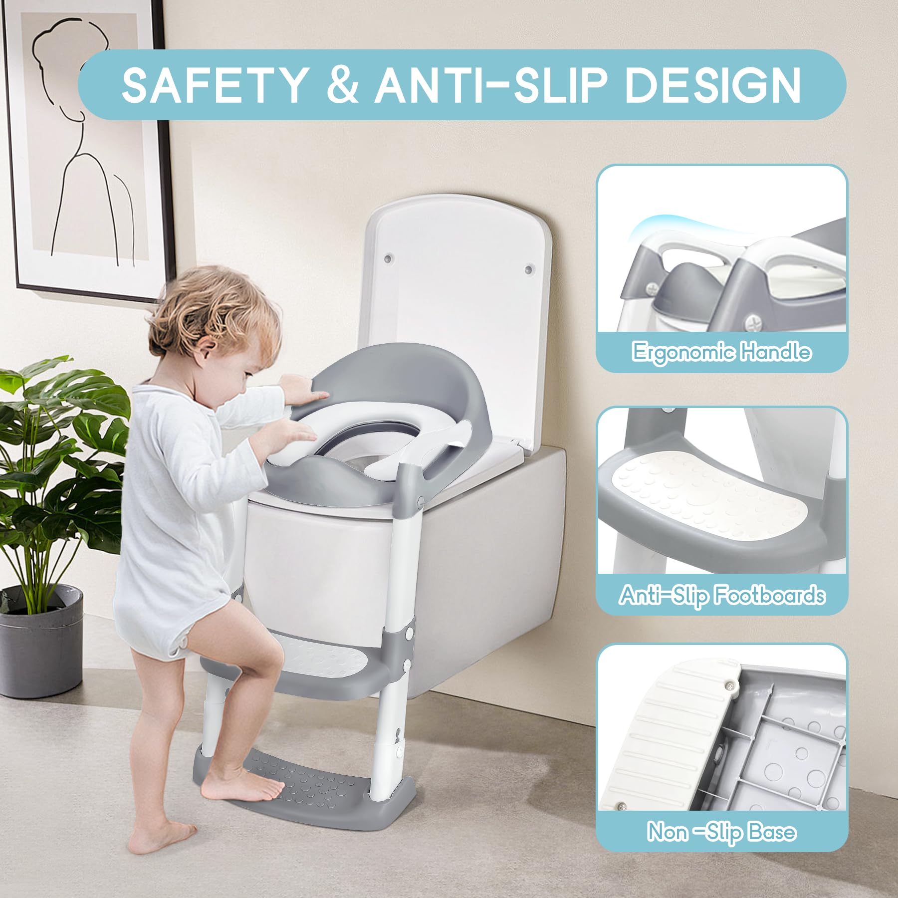 COOSEYA Potty Training Toilet with Step Stool Ladder, Toddler Kids Potty Training Seat for Boys Girls, Foldable Anti-Slip Toilet Toddler Seat Splash Guard Soft Cushion Safety Handles (Grey)