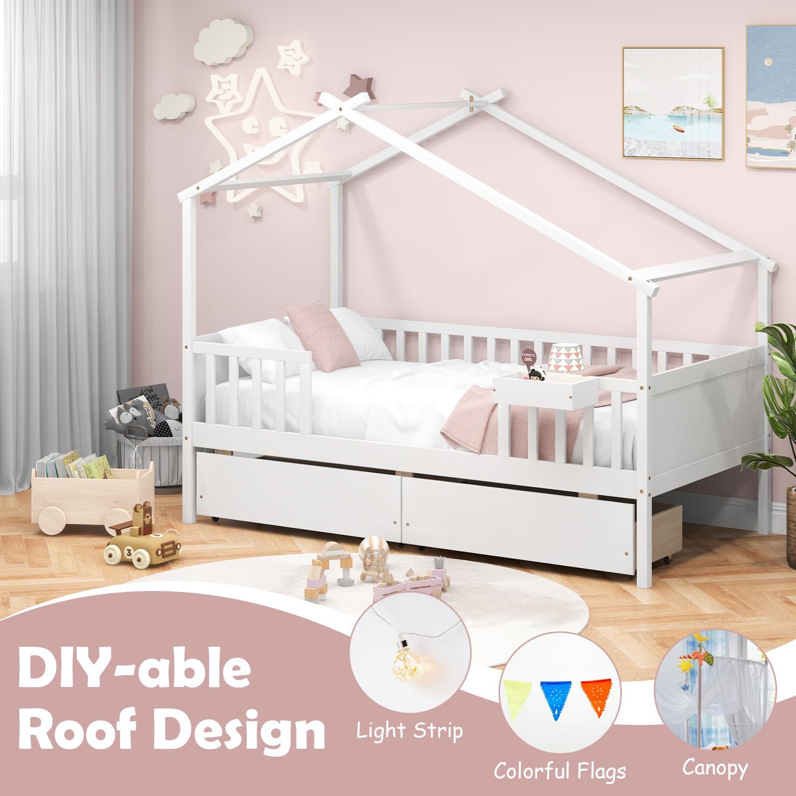 Twin House Bed with Storage Drawers and Fence Rails