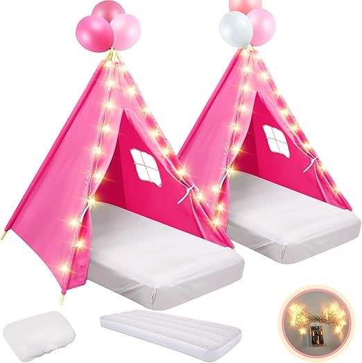 2 Pack Kids Teepee Tent with Mattress,Fitted Sheet,Light String