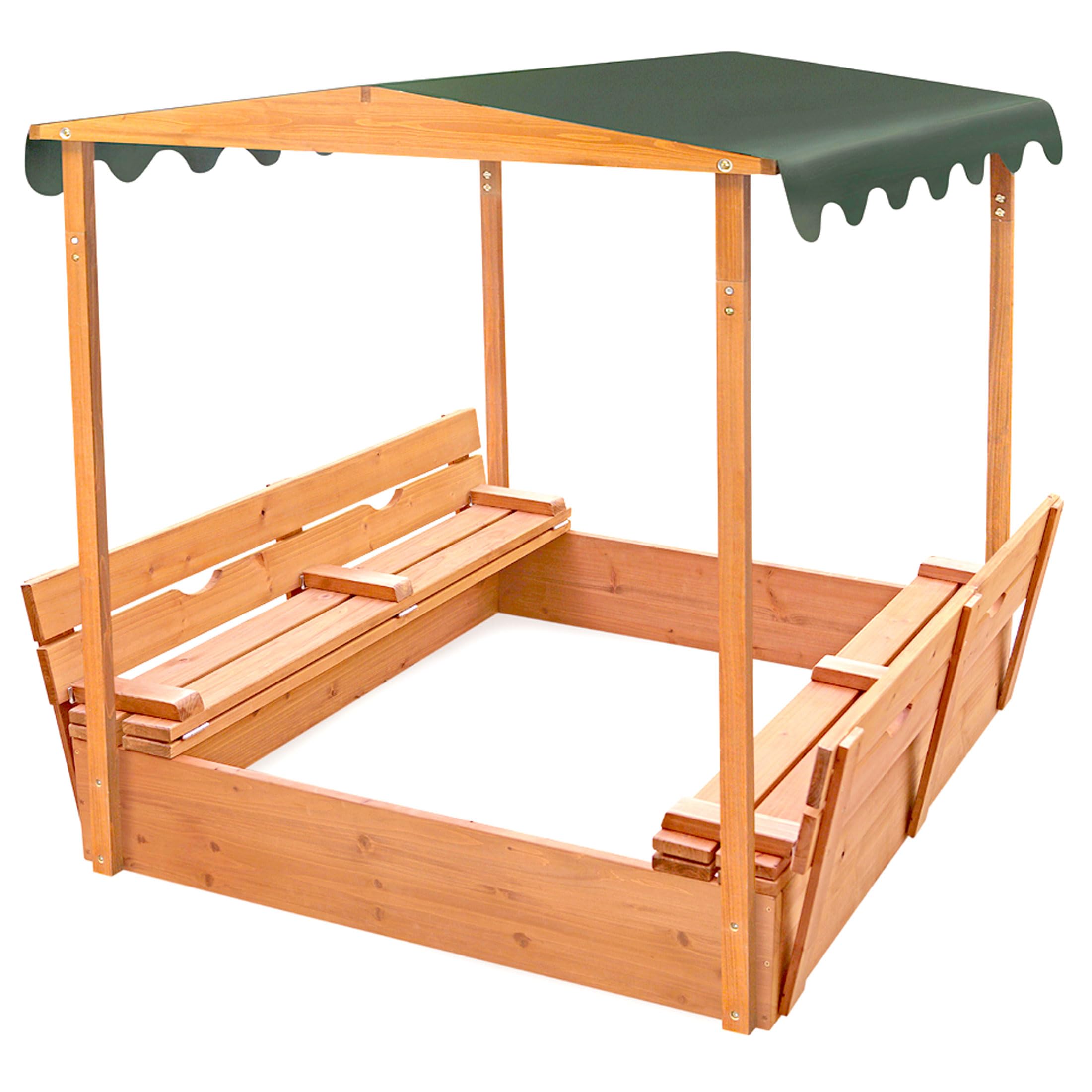 Basket Cedar Sandbox for Kids with UV Canopy & Folding Benches