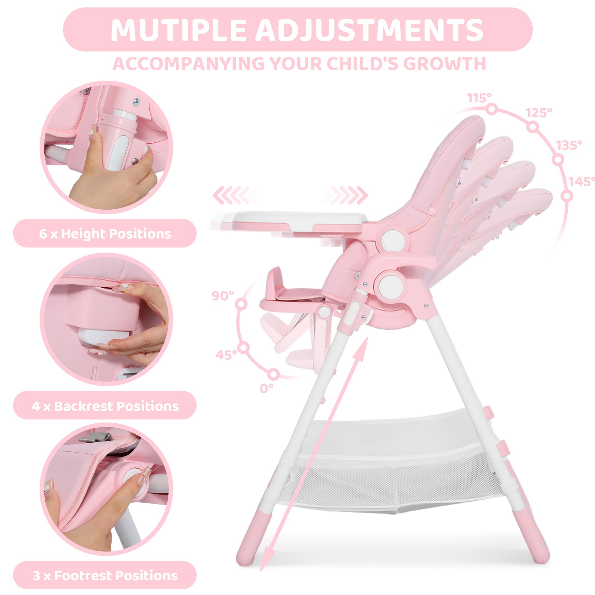 3-in-1 Foldable Baby High Chair with Adjustable Height and Recline