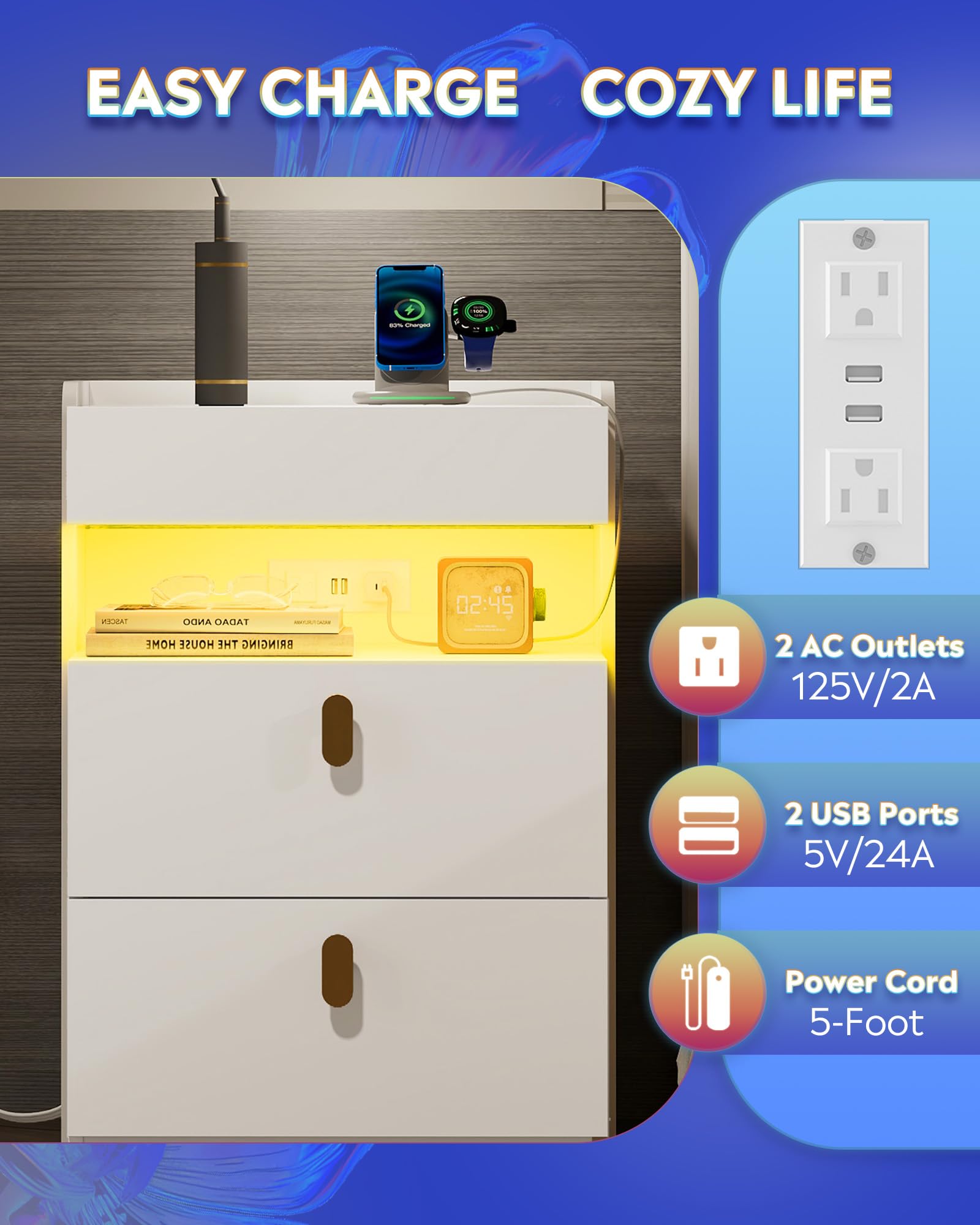 LED Nightstand with Charging Station and Drawers