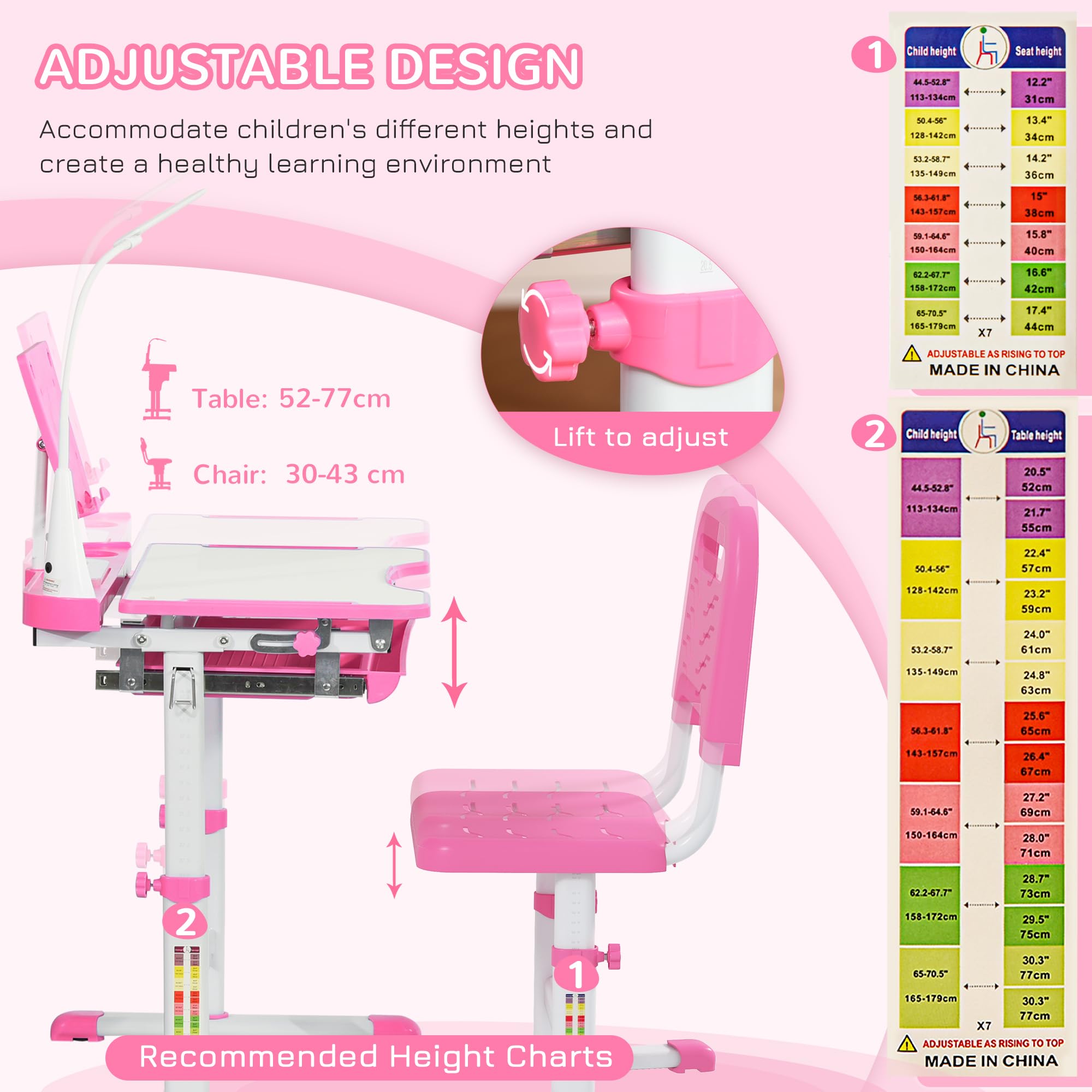 Height Adjustable Kids Desk and Chair Set with LED Lamp