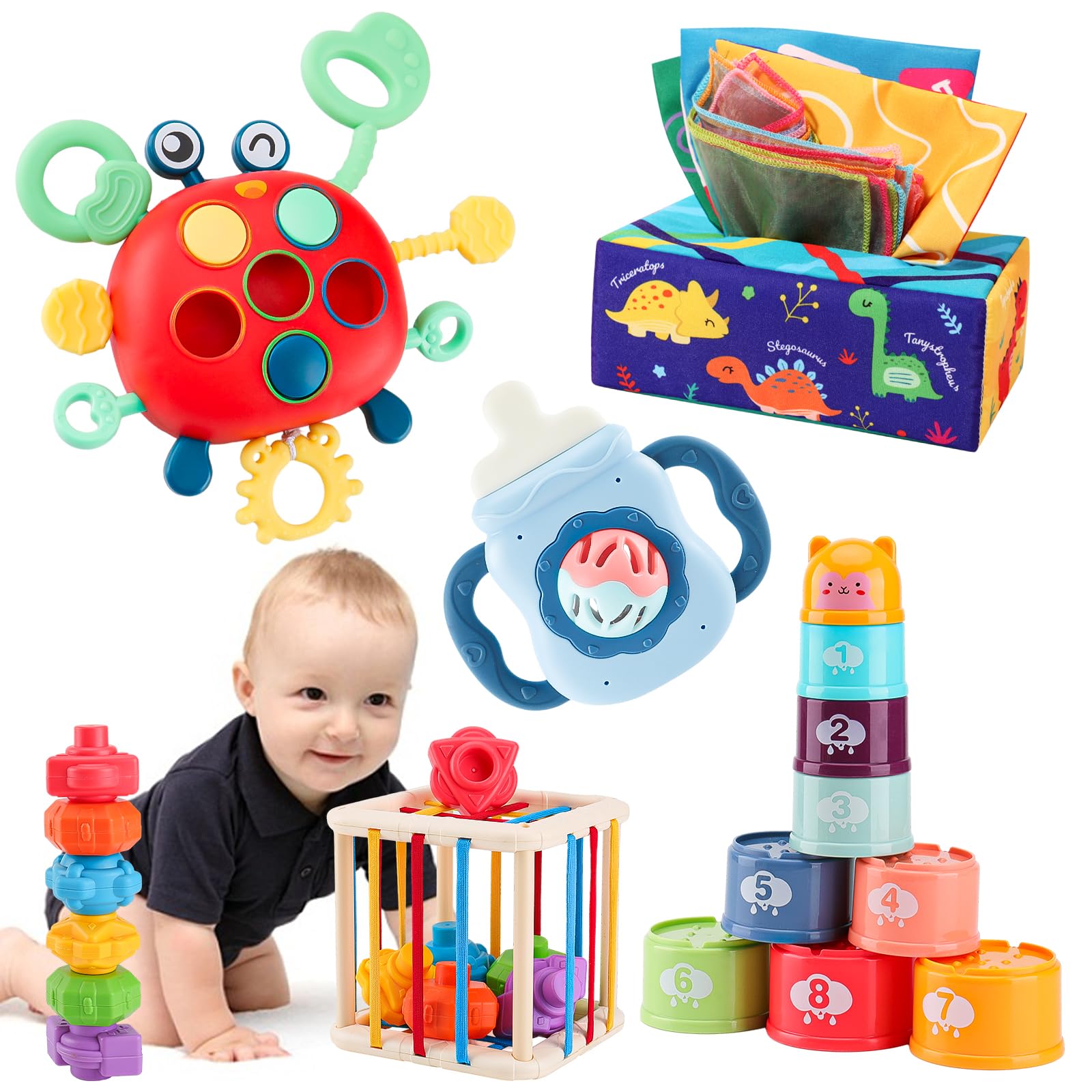 Montessori Baby Toy for 6 12 18 Months,Teether Rattle Toy Tissue Box Pull String Crab Toy