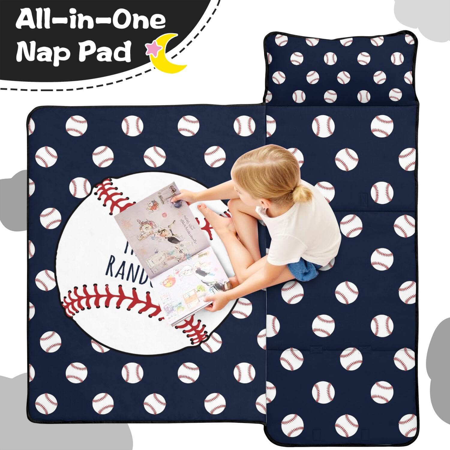 Baseball Toddler Nap Mat for Boys – Custom Name Sleeping Bag with Pillow
