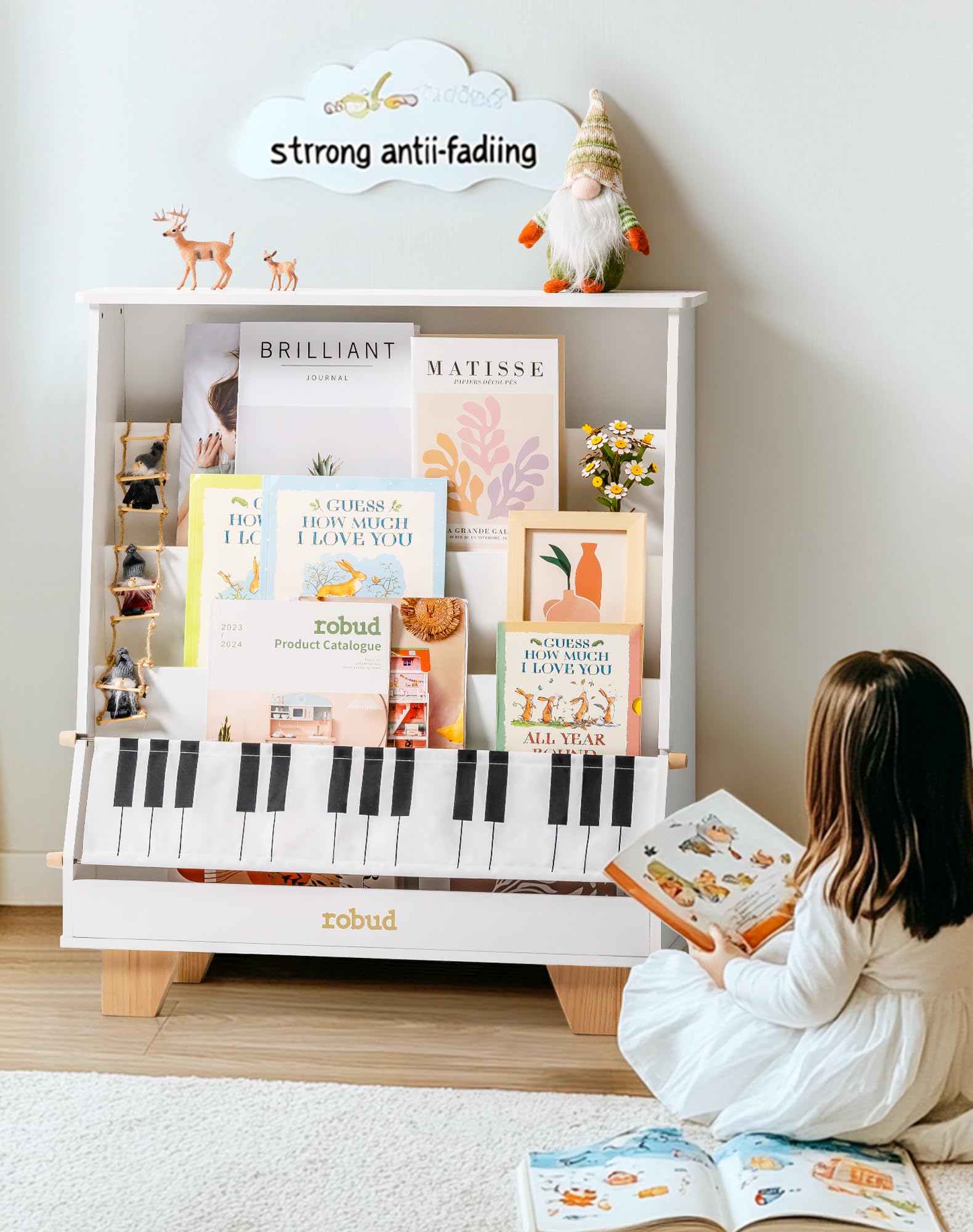 Kids Bookshelf, White Wooden Book Shelf with Stability & Sturdiness