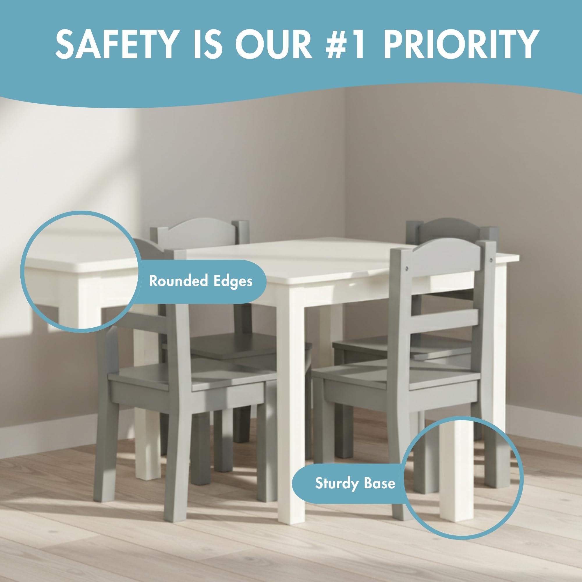 Kids Wooden Table and 4 Chairs Set White Grey