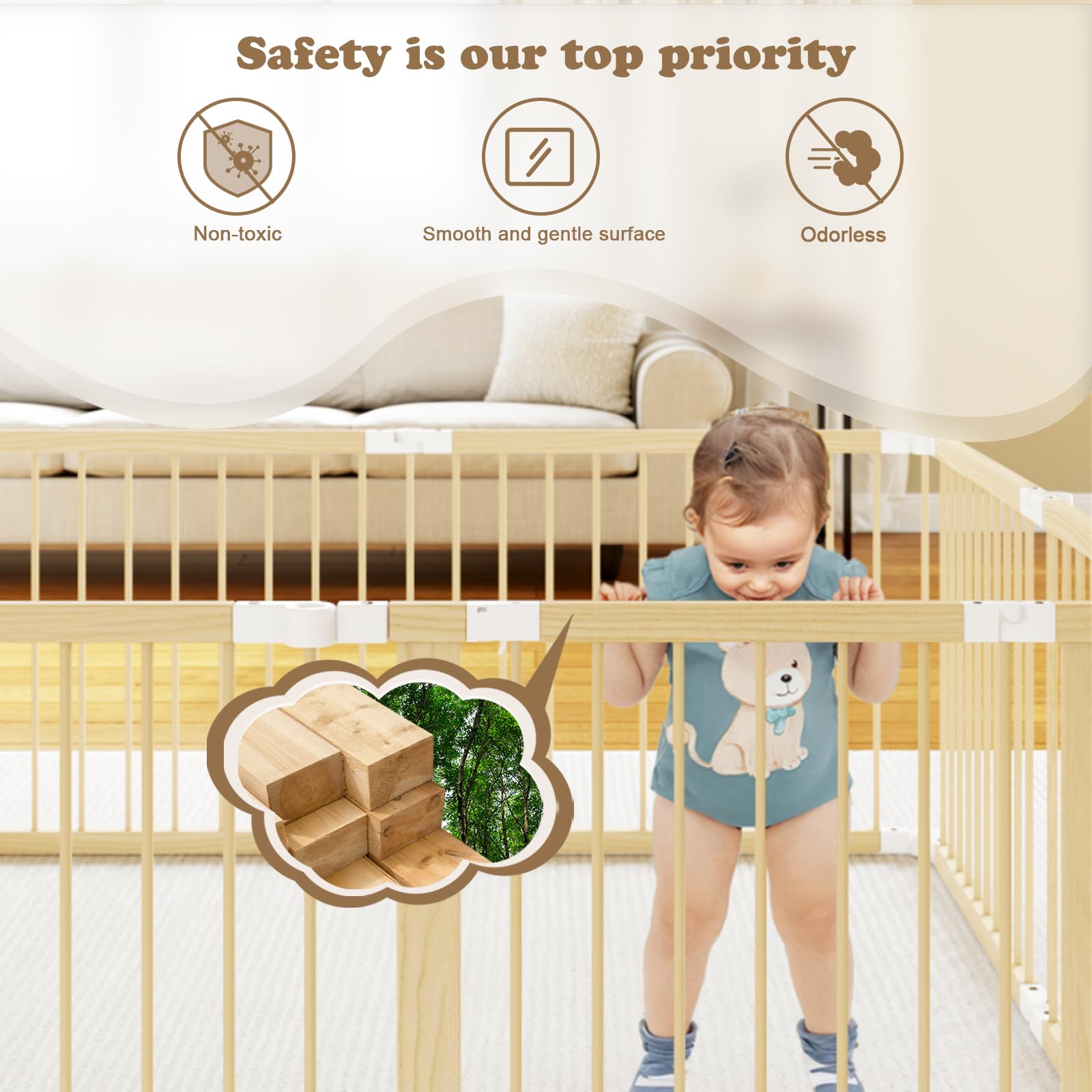 Foldable Wooden Baby Playpen 8 Panel Safety Gate