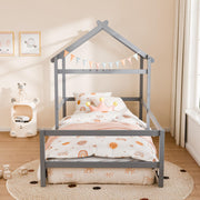 Twin House Floor Bed Frame with Roof, Wooden Montessori Bed with Safety Fence