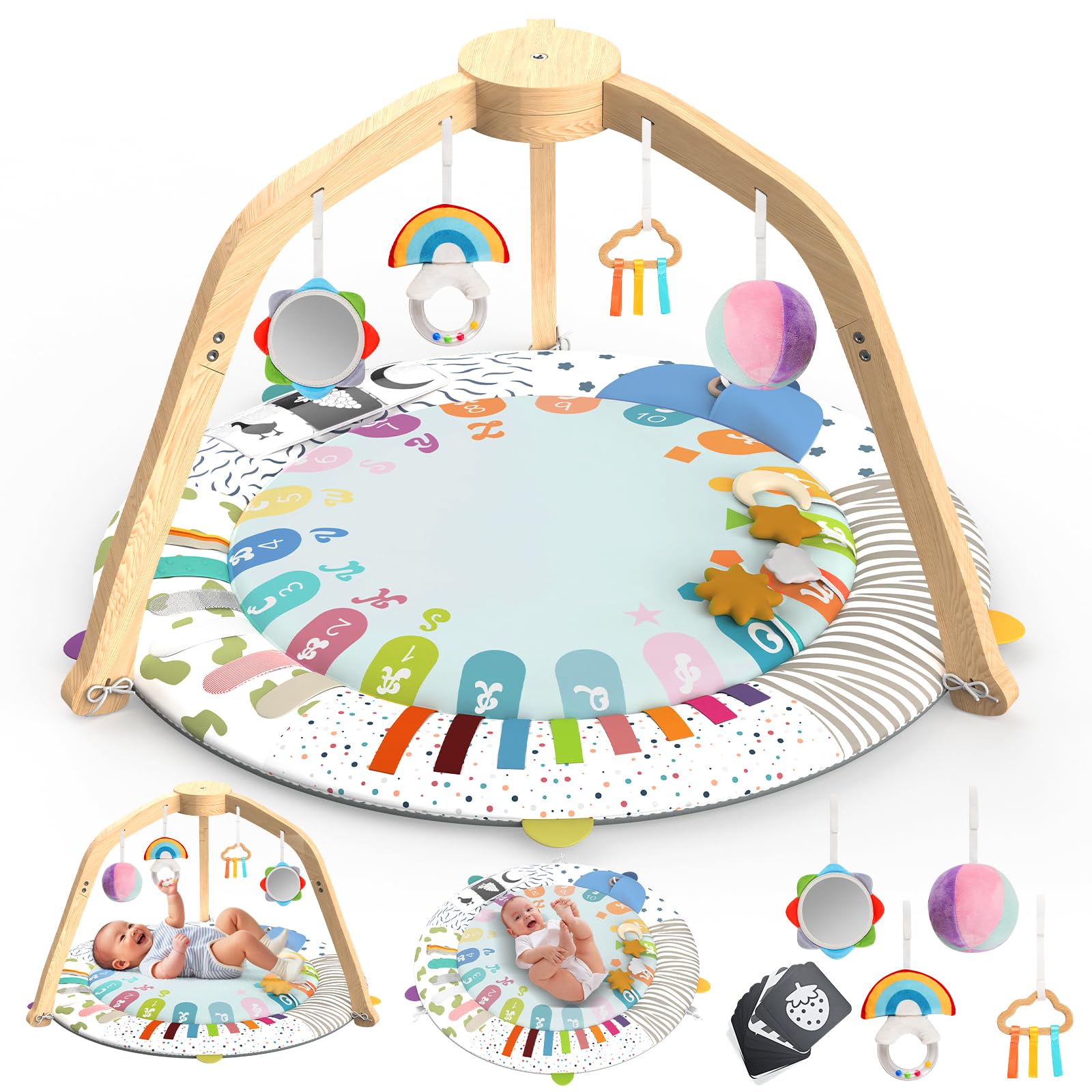 Baby Play Gym - Wooden Baby Tummy Time Play Mat with 5 Developmental Zones