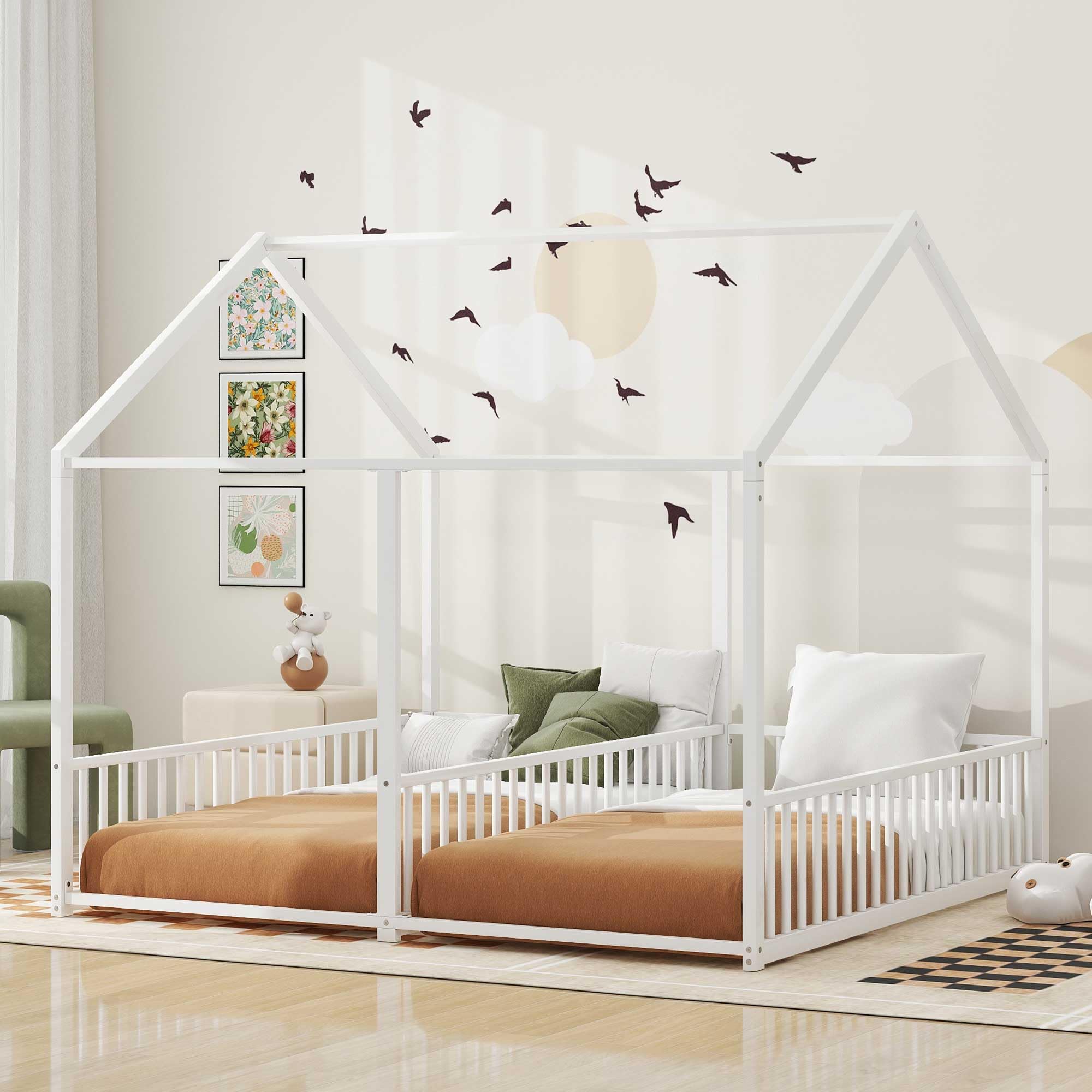 Twin House Floor Bed for Two Kids with Safety Rails