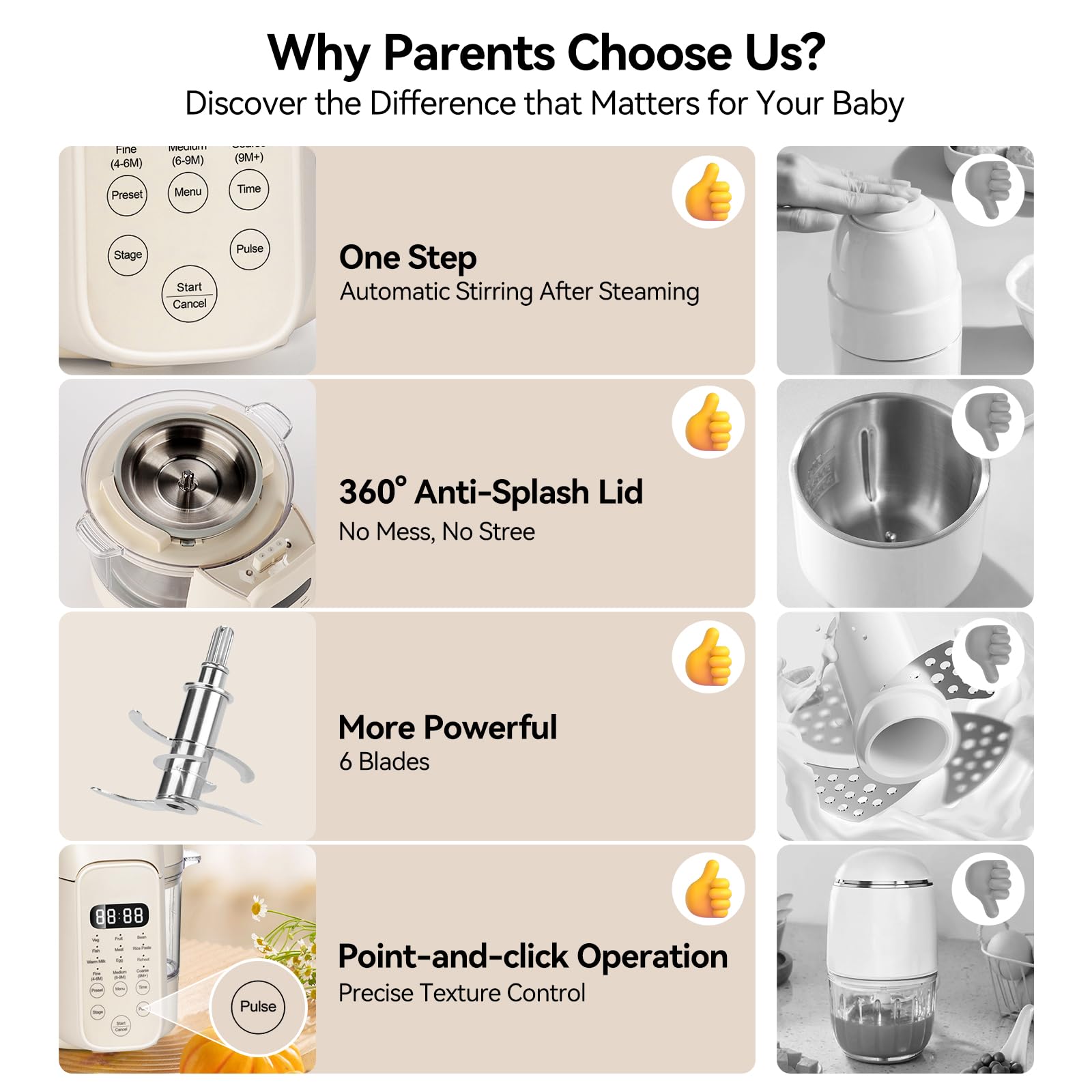 Baby Dolce Baby Food Maker, 9 in 1 Glass Baby Food Processor Steamer Puree Blender with 6 Blades, One Step Cook Grinding, Touch Screen Control, Multifunctional Blender with 24h Timer, Dishwasher Safe