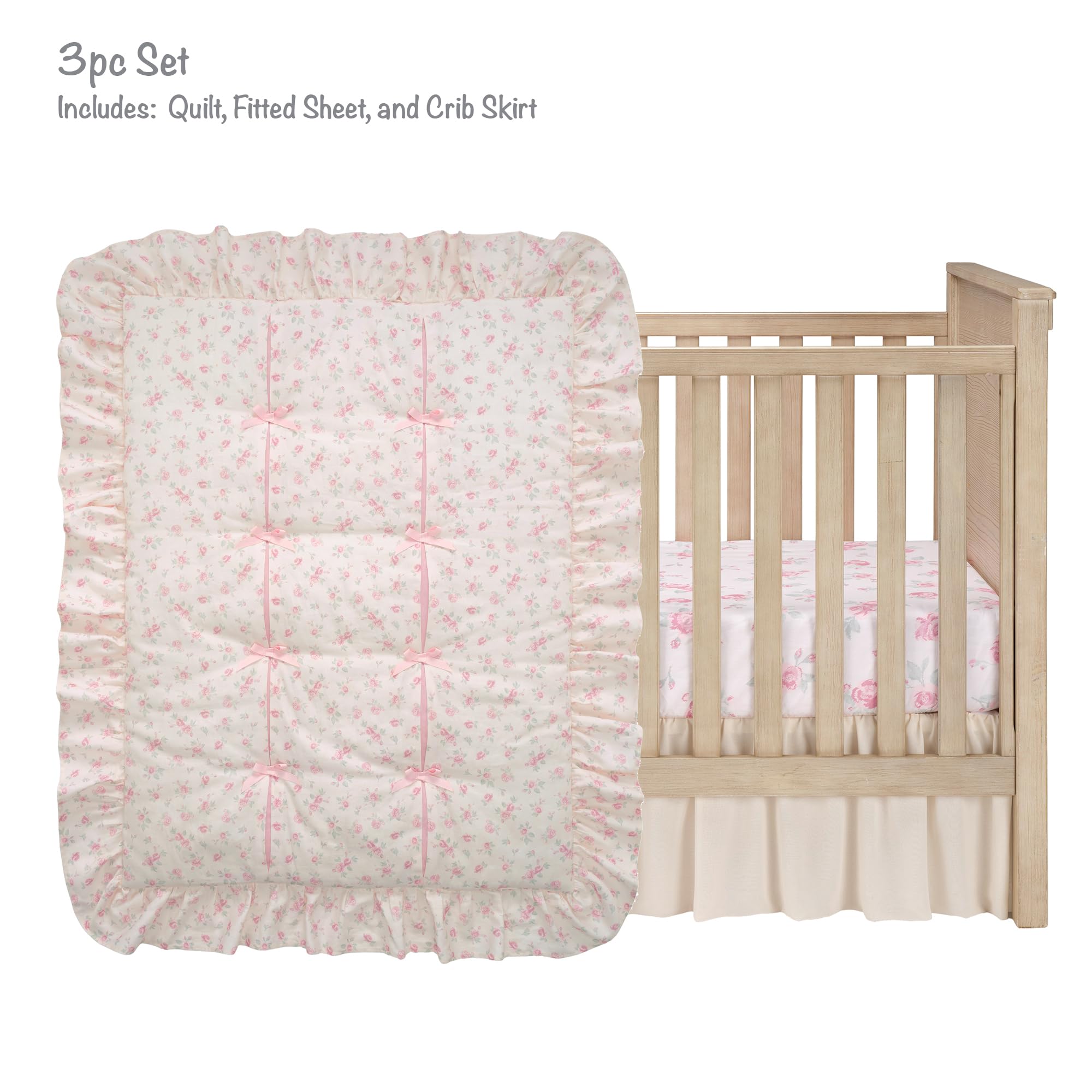 Coquette Floral Pink Bows Aesthetic 3-Piece Baby Crib Bedding Set