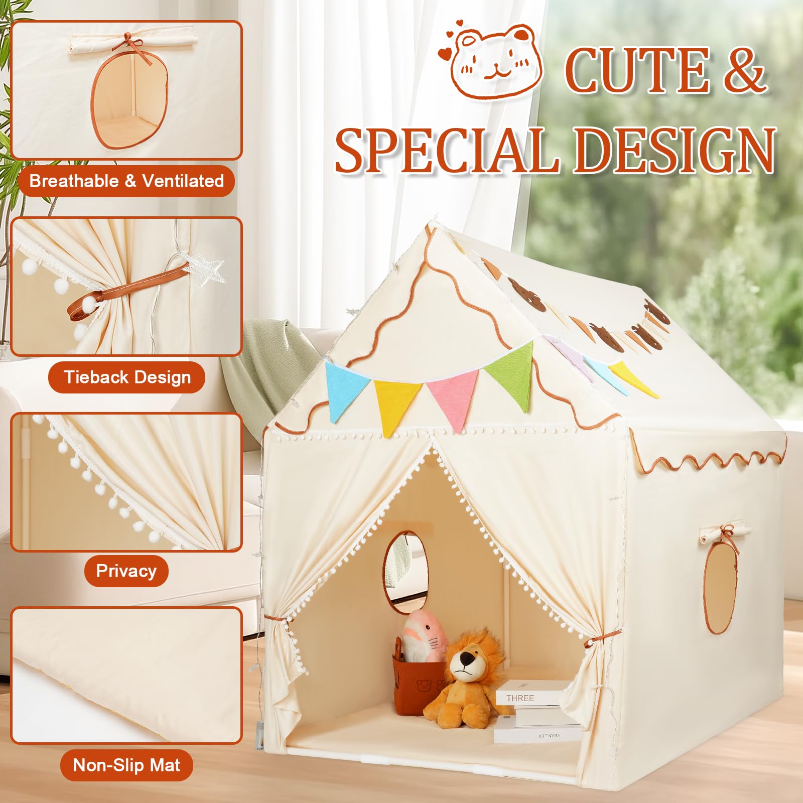 Large Kids Play Tent House with Star Lights, Colorful Flags, Padded Mat & Felt Basket, Indoor Outdoor Playhouse for Boys & Girls Tent Playhouse, 53x51x39 inch (Battery Not Include)