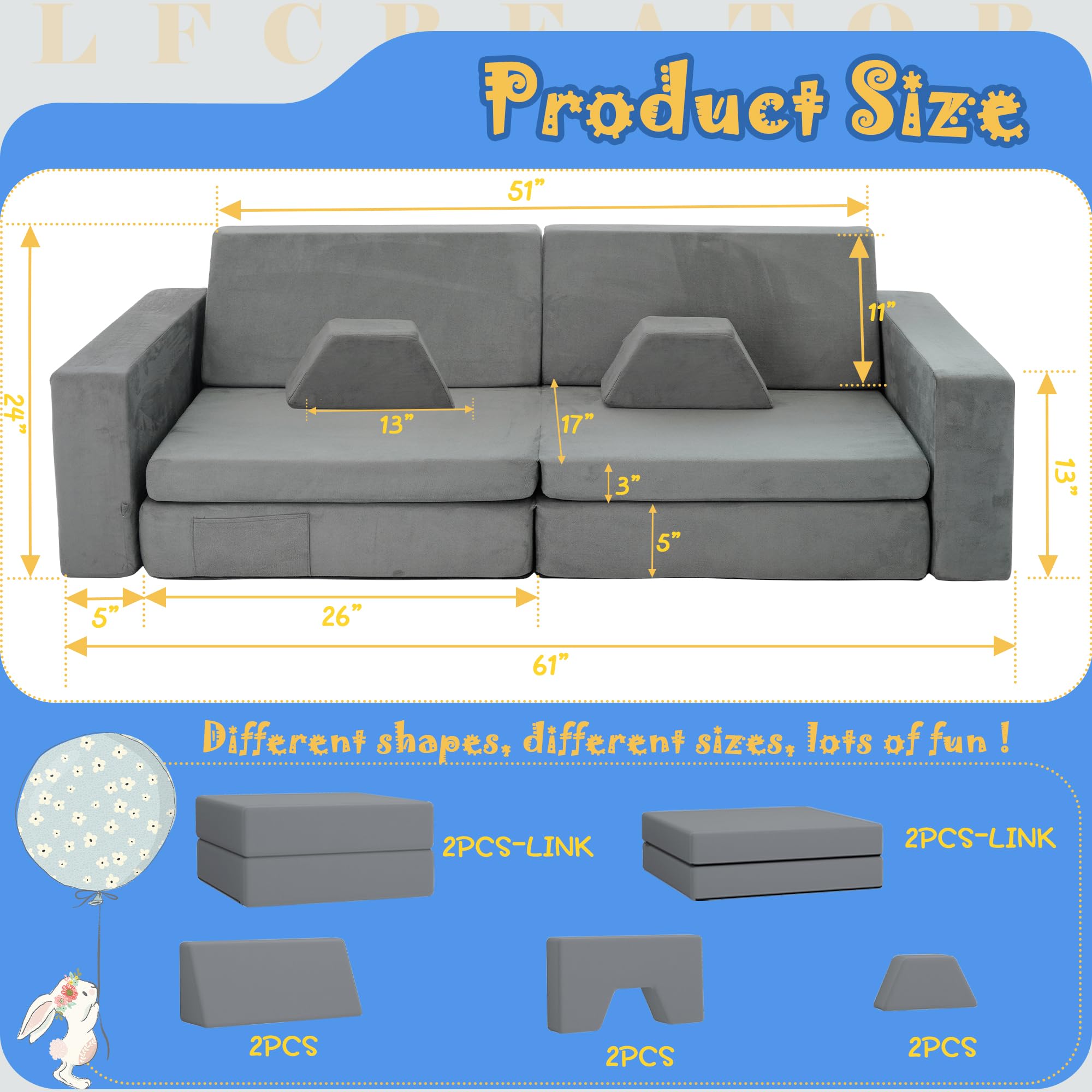 Modular Kids Foam Sofa 8-Piece Convertible Play Couch