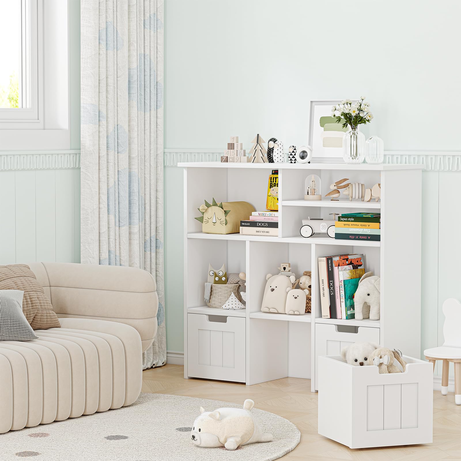Kids Bookcase Toy Storage Organizer Toy Chest with 3 Movable Drawers & Hidden Wheels