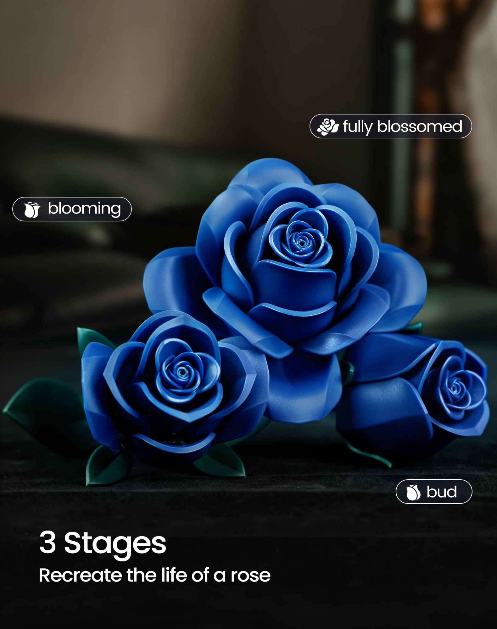 Navy Blue Rose Bouquet Building Set - 12 Piece Botanical Collection