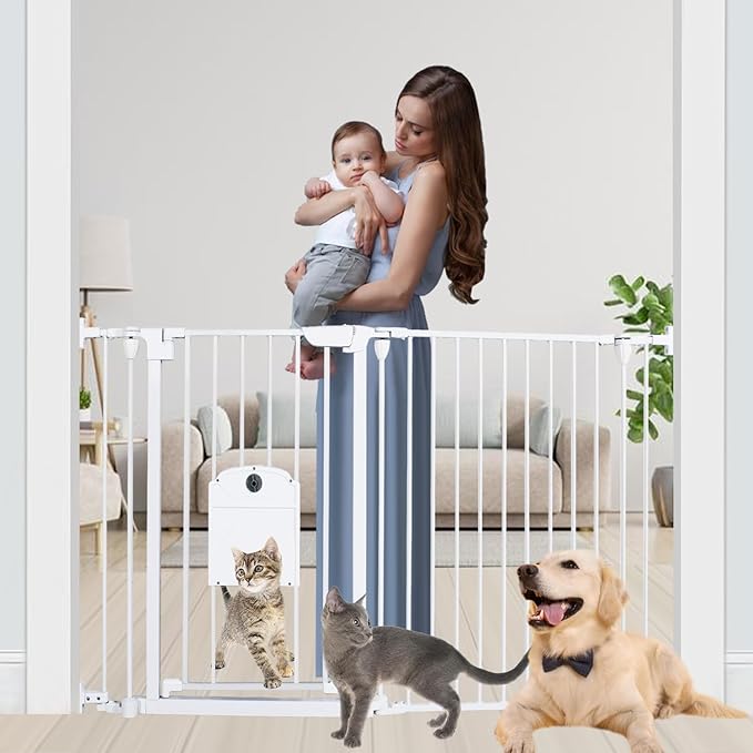 81.11" Extra Wide Baby Gate with Cat Door, Auto Close Pet Gates Dog Gate