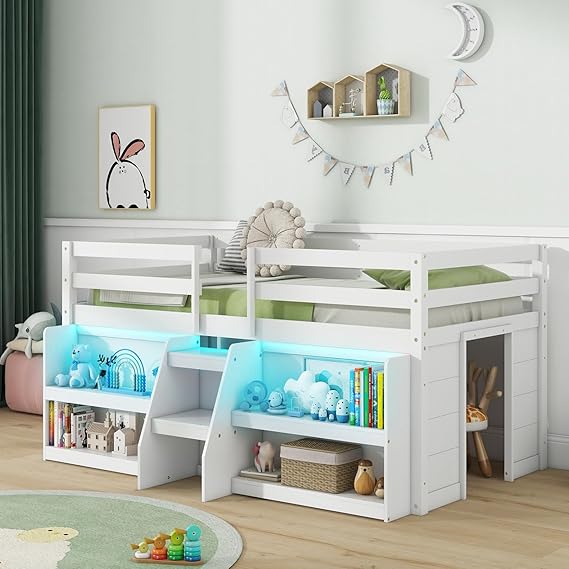Low Loft Bed with LED Lights, Wooden Loft Bed Twin Size with Stairs & Safety Guardrail