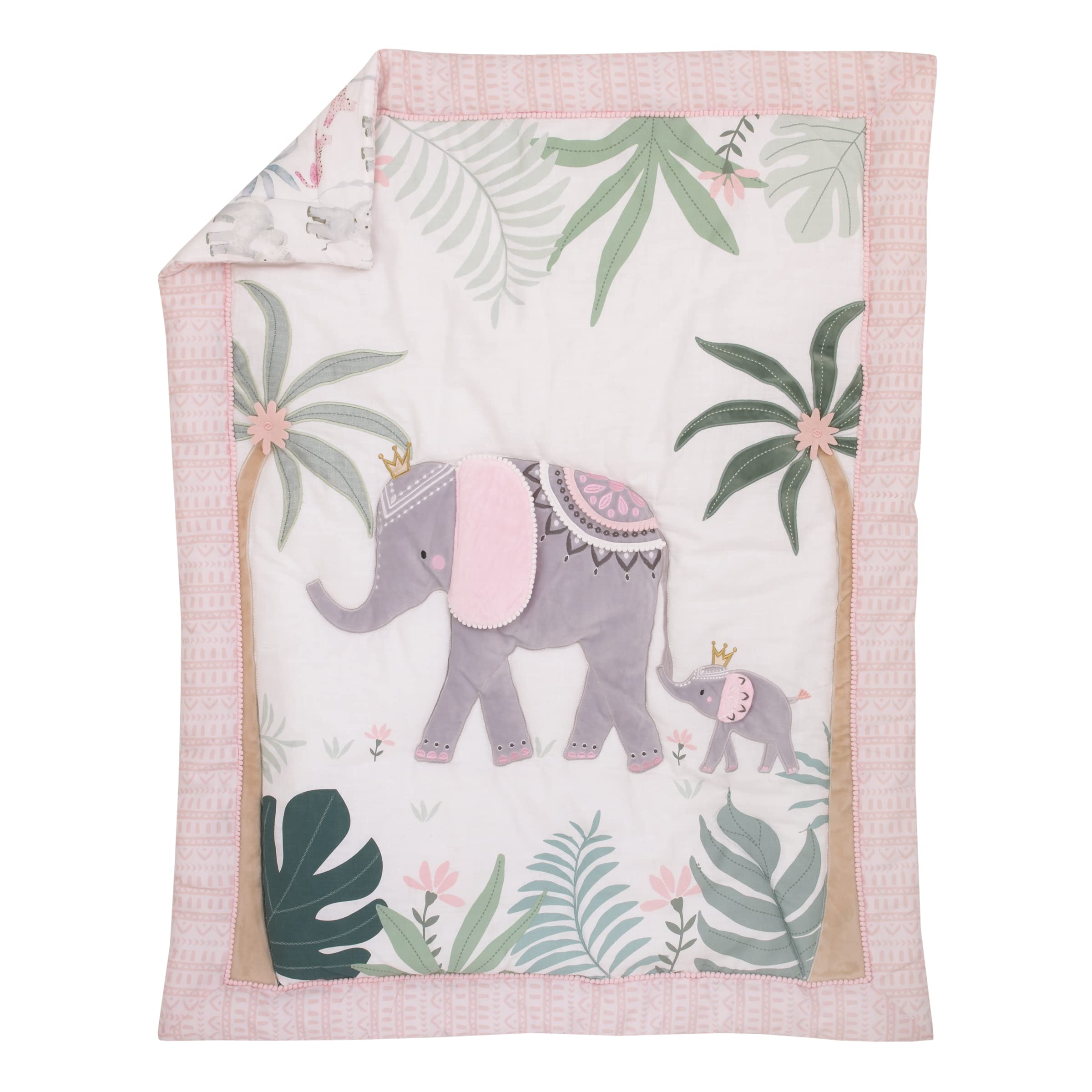 Tropical Princess Elephant/Jungle Pink and Green 4 Piece Crib Bedding Set