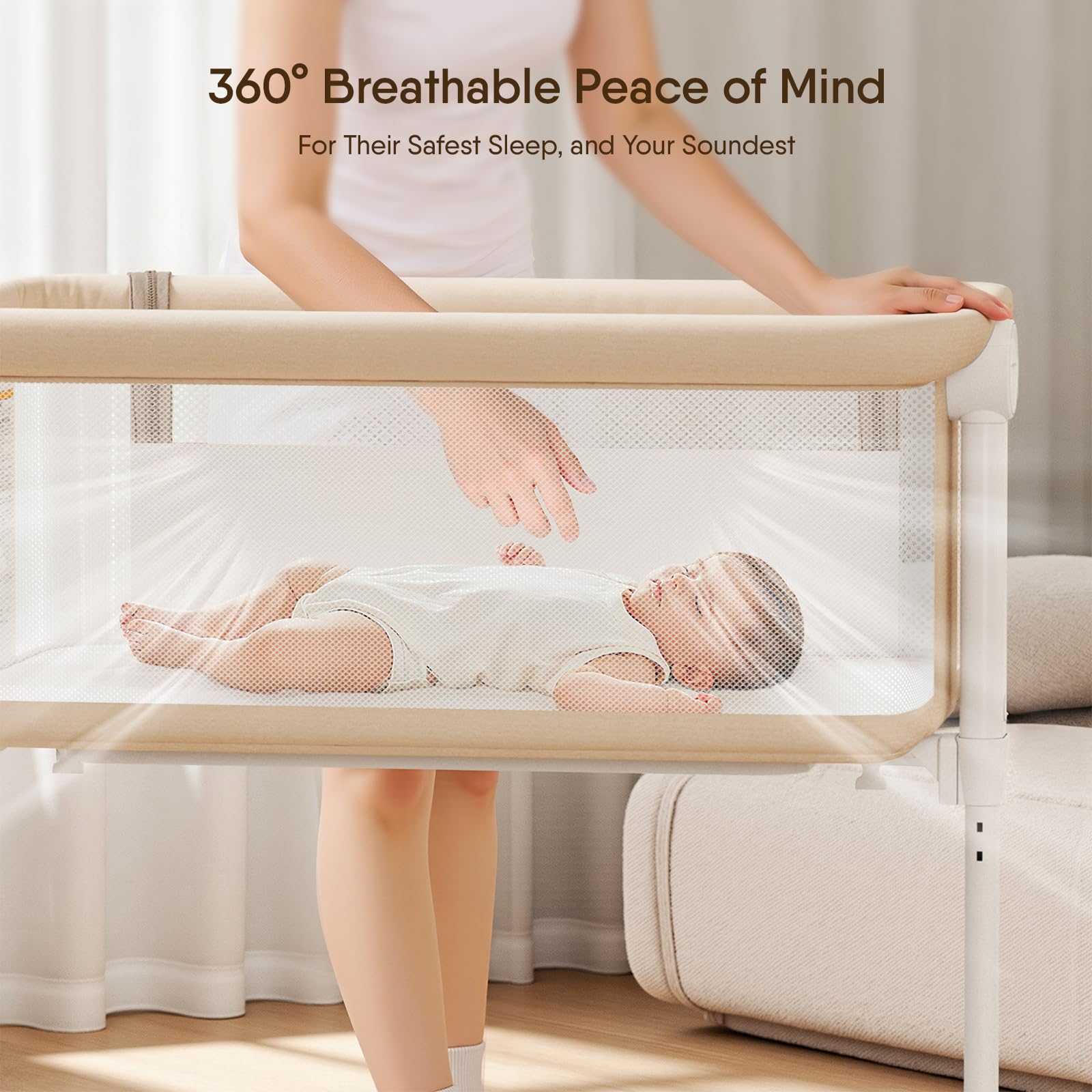Bedside Bassinet with Breathable Mesh and Adjustable Height