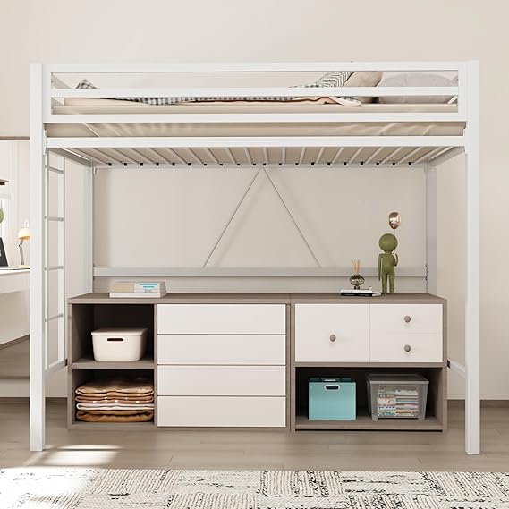 Metal Loft Bed Twin Size with Guardrail and Ladder