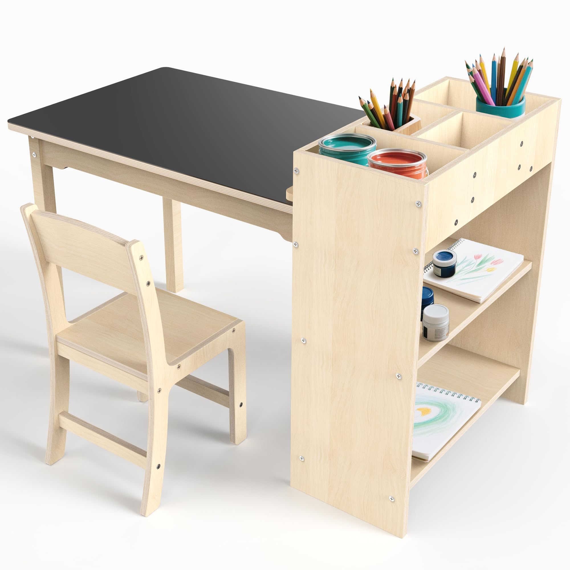 Beech Wood Kids Art Table and Chair Set with Storage
