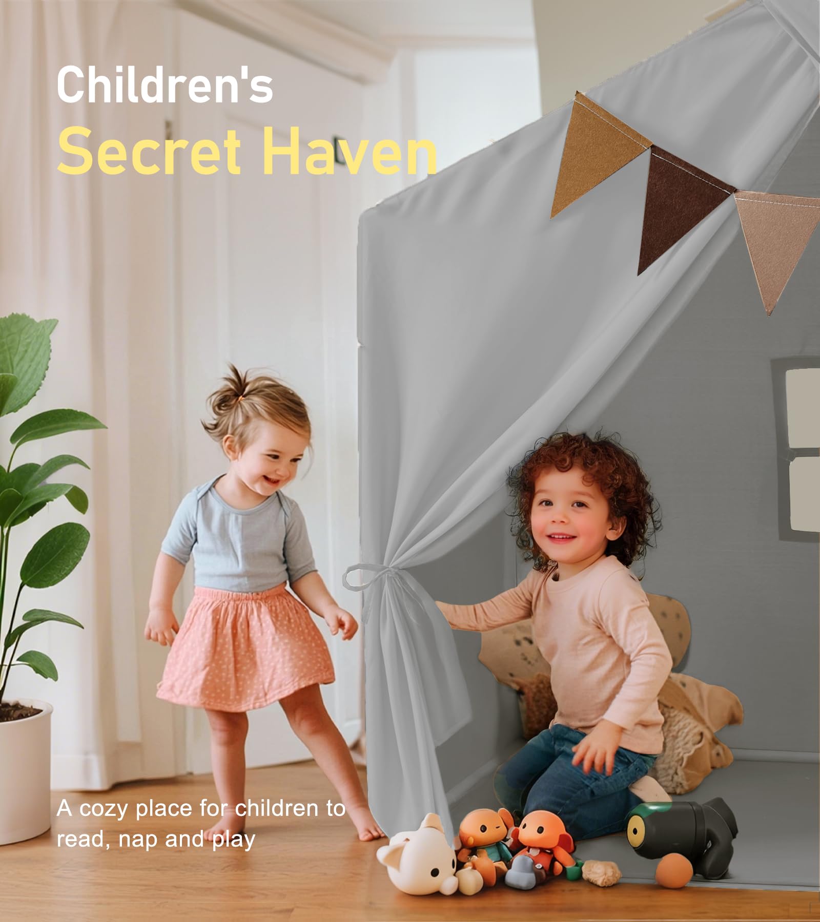 Kids Tent, Play Tent with Star Lights, Large Play Tents with 2 Windows, Kids Playhouse Indoor & Outdoor, Reading Nook, Christmas Toddler Tents for Girls & Boys, 52" x35" x 51", Gray