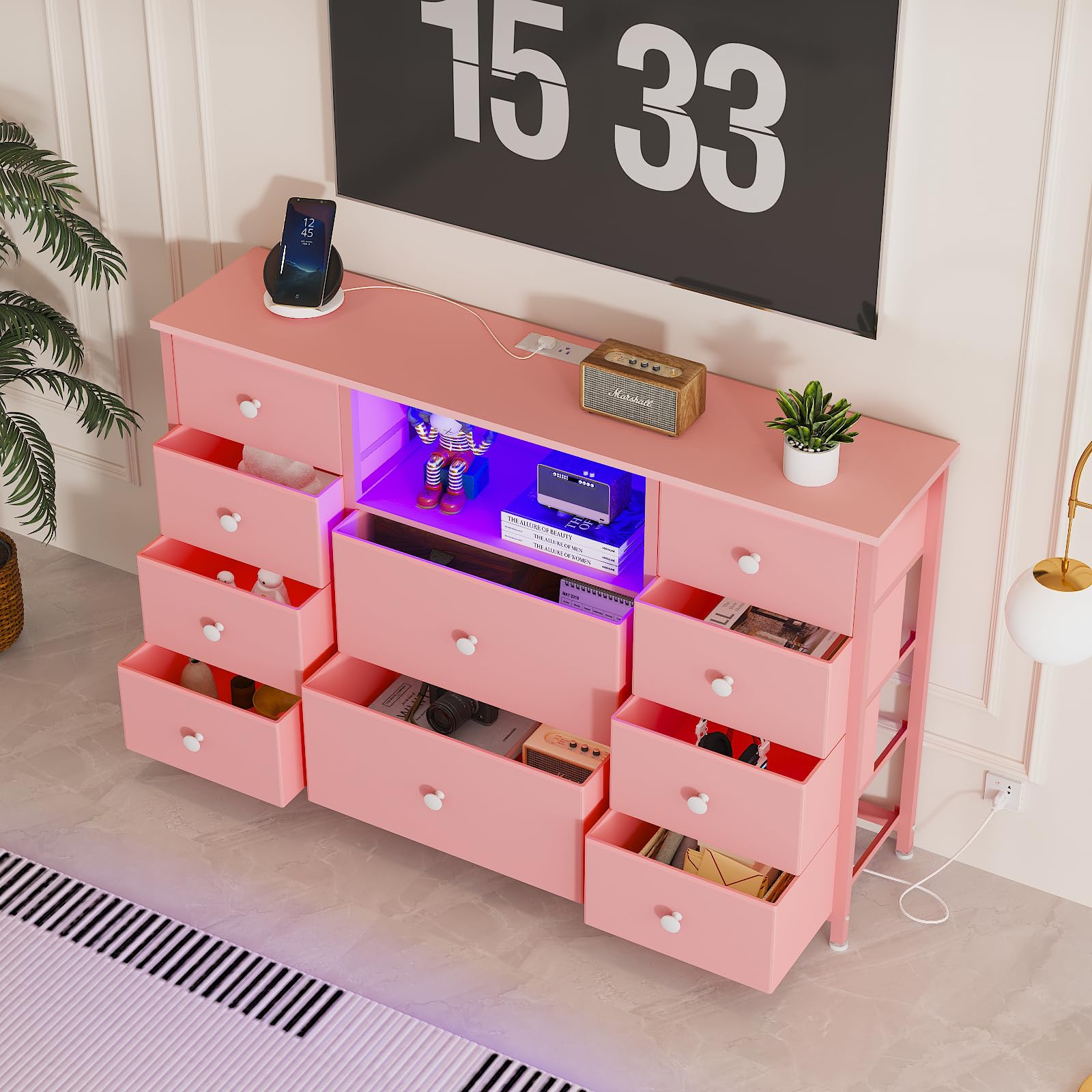 Dresser with Charging Station and LED Lights, Pink Dressers