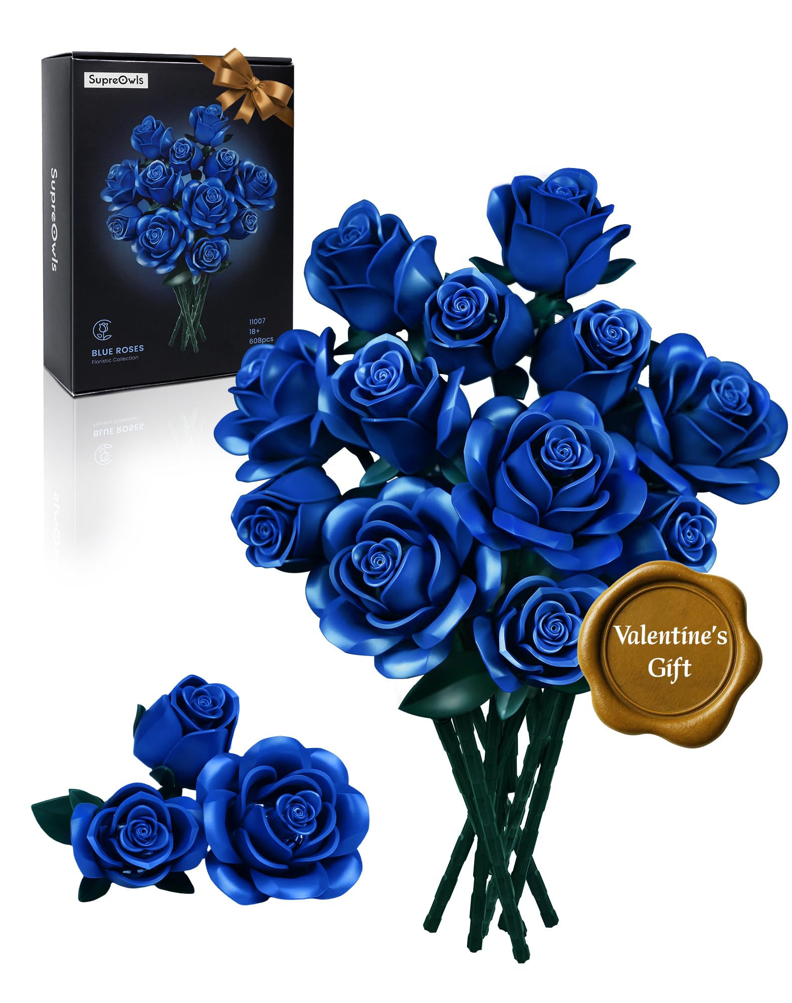 Navy Blue Rose Bouquet Building Set - 12 Piece Botanical Collection