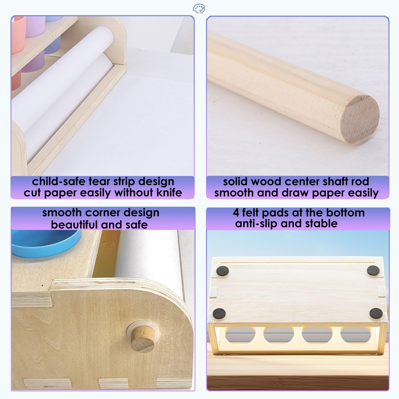 Table Top Paper Roll Dispenser with Paper 17.3inx82ft Wooden Tabletop Easel Art Paper Roll for Kids Craft Paper Holder with Pencil and Cups for Coloring Drawing